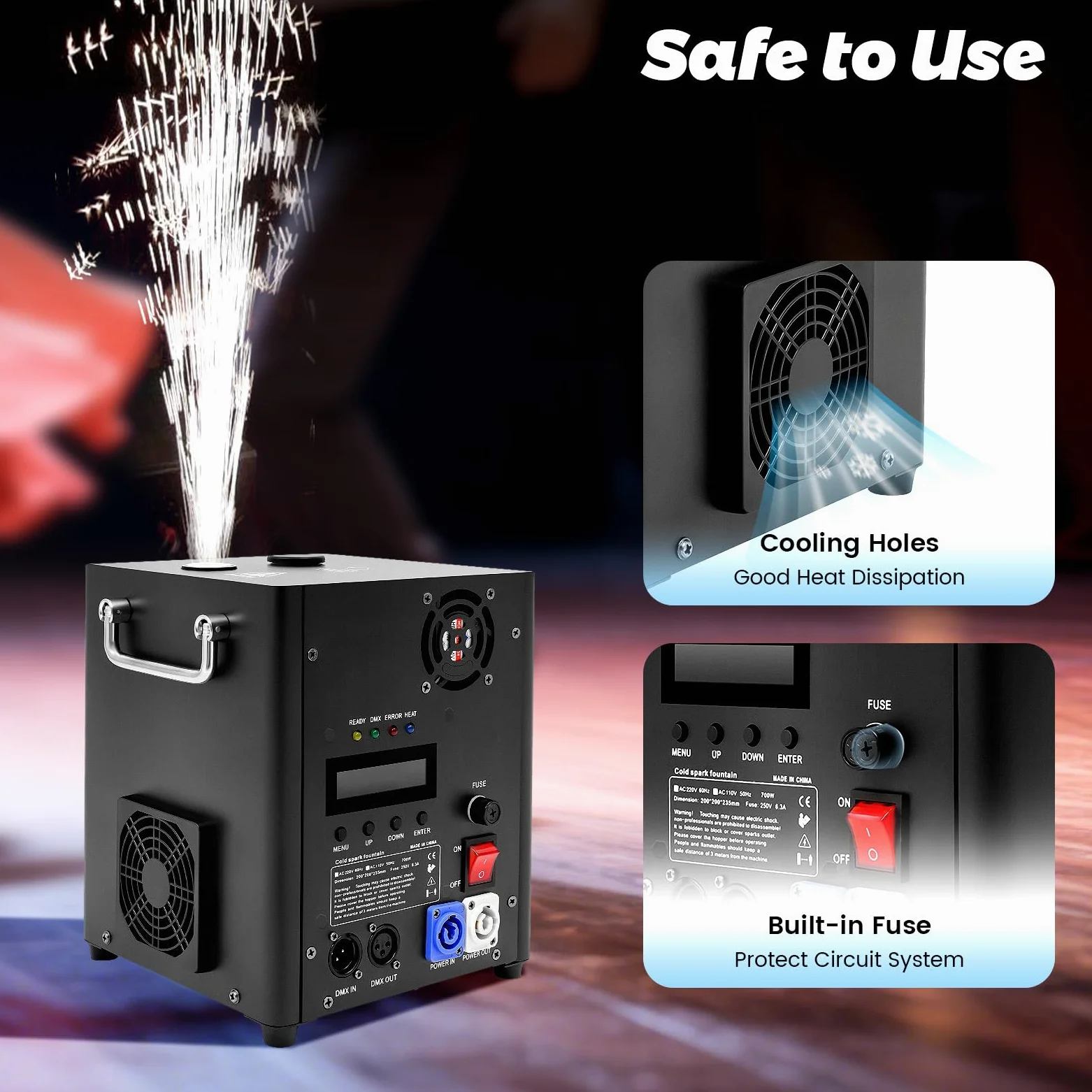 Pyrotechnikmaschinen 700W DMX Sparkular Funkenmaschine Feuerwerk Bühnen Fernbedienung, Cold Spark Machine Spezialeffekt Maschine Professionelle DJ-Ausrüstung, Einstellbare Injektionshöhe