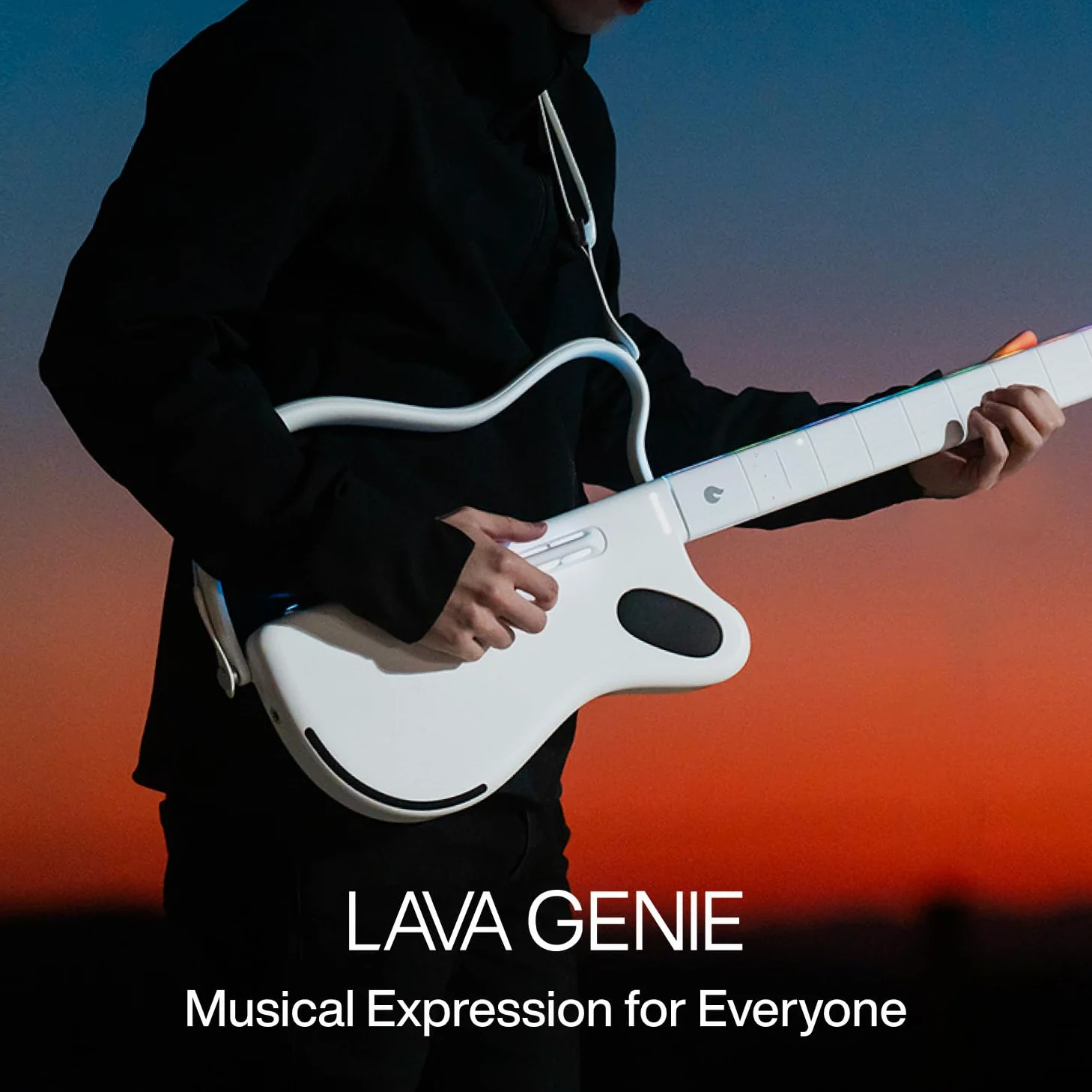 LAVA GENIE Saitenlose Smart Gitarre, ohne Saiten, Hunderte von Instrumenten-Presets, eingebauter Lautsprecher, faltbar, abnehmbar, weiß, 30,5 Zoll.