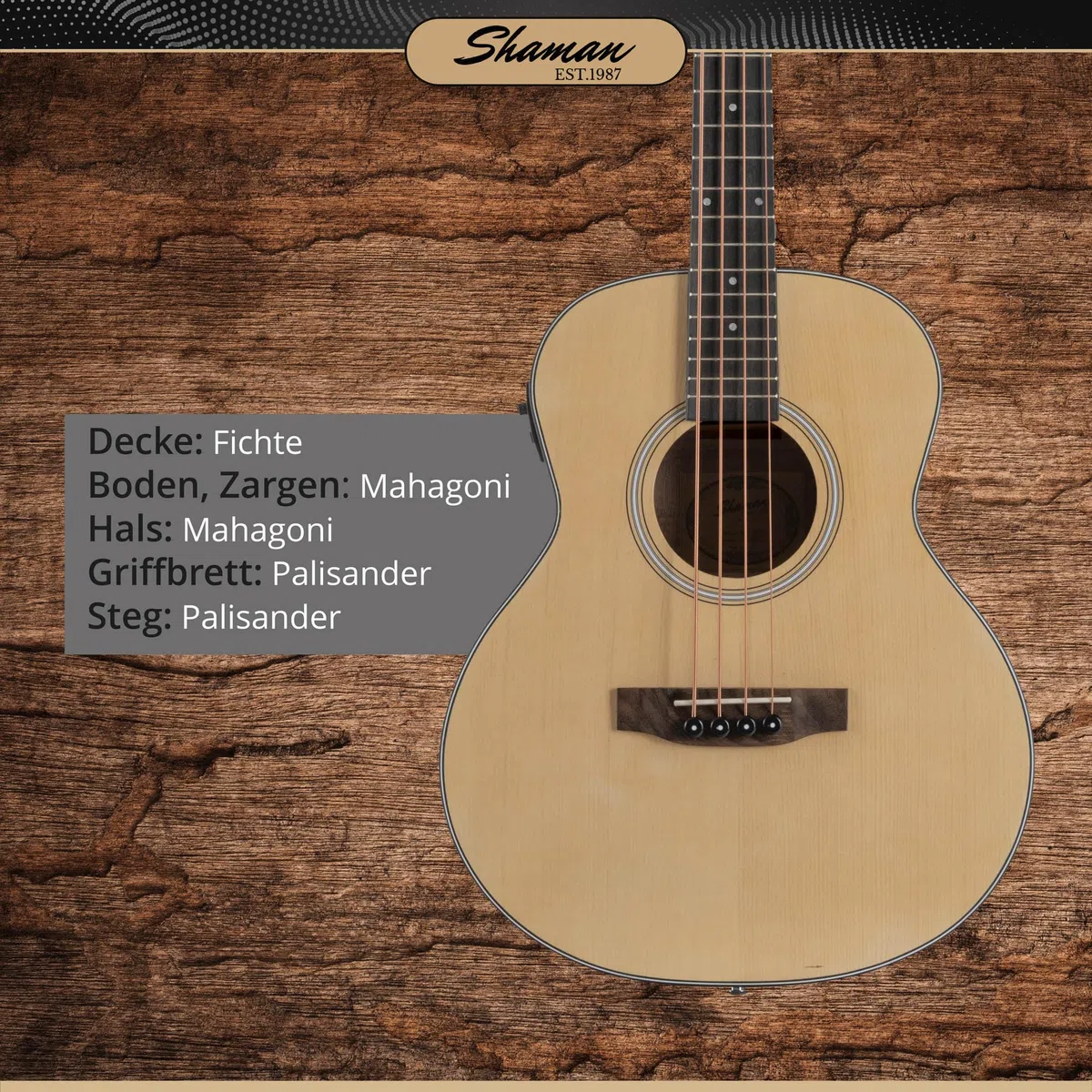 Shaman ABM4-50E-NT Akustik Bass 4-Saiter Short-Scale Bass mit Tonabnehmer Piezo-Elektronik Stimmgerät Mahagoni Fichte Korpus Natur