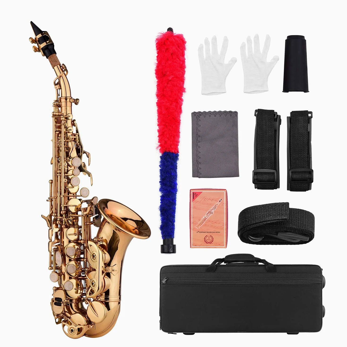 Mini-Bb-Sopransaxophon, Saxophon, Messingmaterial, Goldlack-Oberfläche, Holzblasinstrument mit Tragetasche, Handschuhe, Reinigungstuch, Bürste, Blätter, Saxophongurt,Bb Saxophon