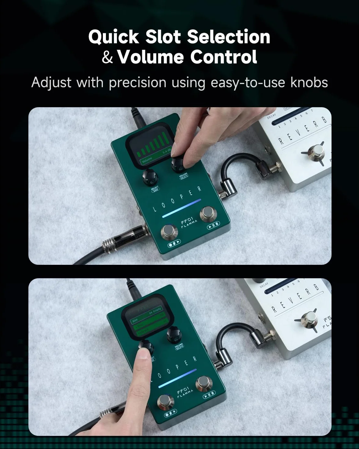 FLAMMA Gitarren-Loop-Pedal, FF01 mit 40 Steckplätzen und 160 Minuten Aufnahme, Stereo-Loop-Pedal mit Display für E-Gitarre/Bass, Fading-Funktion, USB-Datenverwaltung