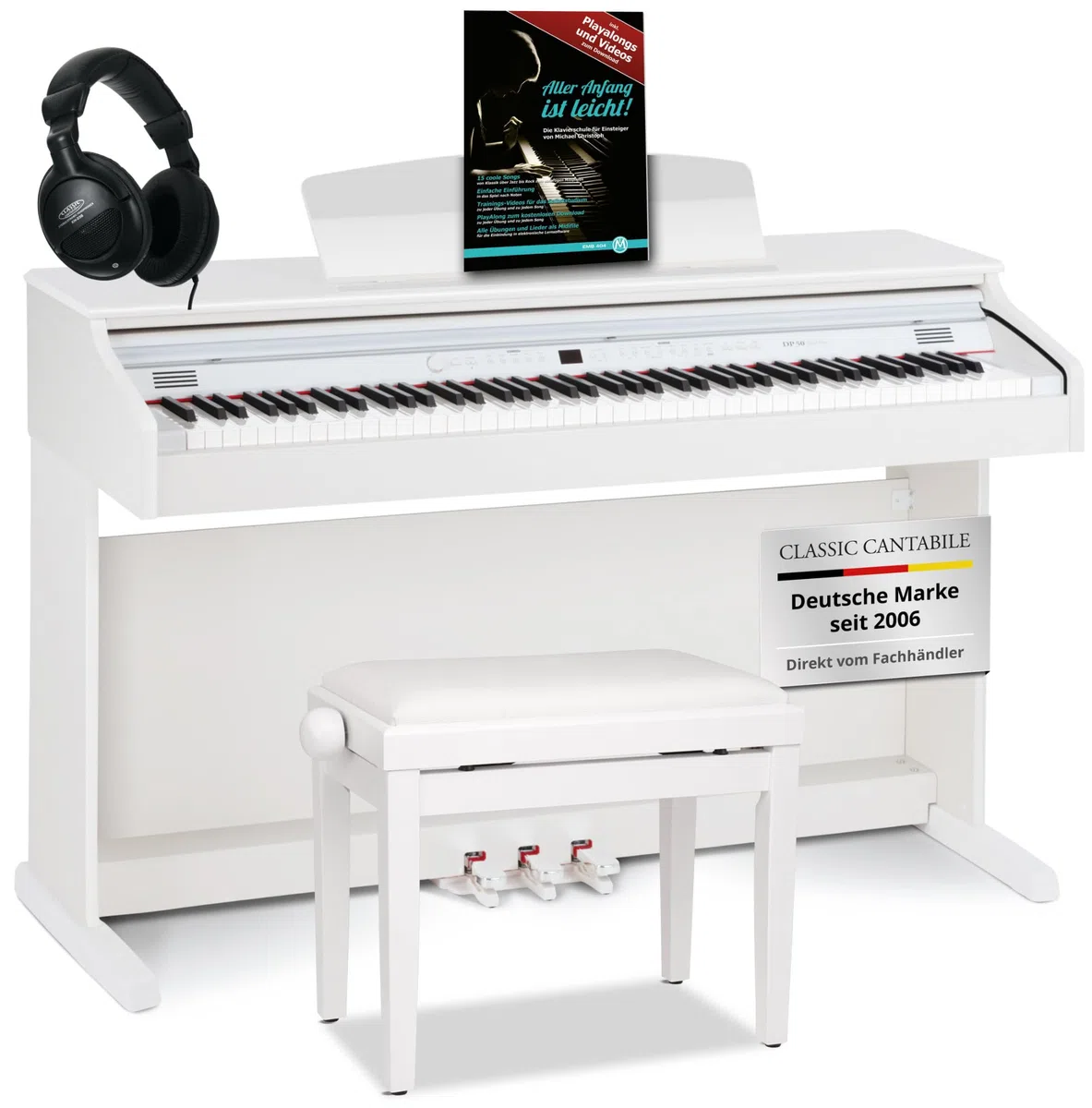 Classic Cantabile DP-50 E-Piano Digital Piano 88 Tasten Hammermechanik 14 Voices USB 3 Pedale Weiß matt Set