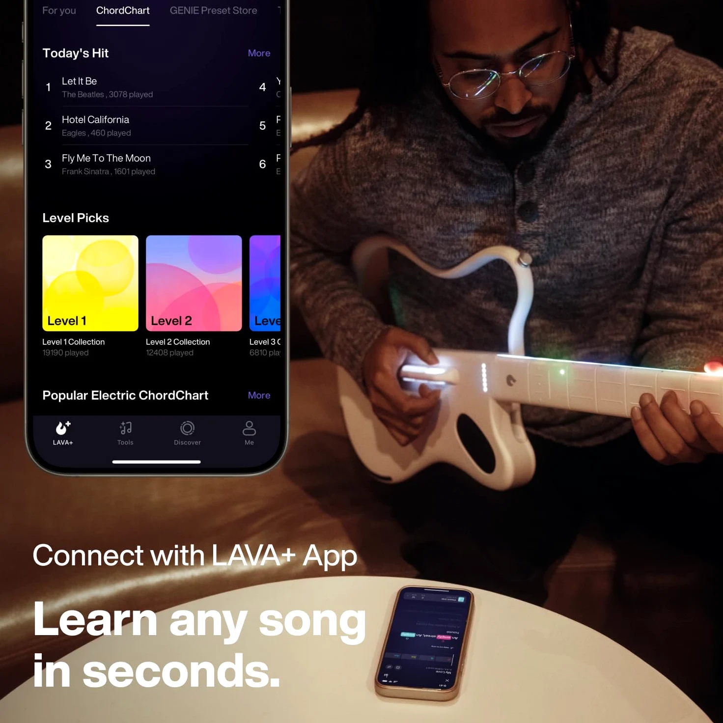 LAVA GENIE Saitenlose Smart Gitarre, ohne Saiten, Hunderte von Instrumenten-Presets, eingebauter Lautsprecher, faltbar, abnehmbar, weiß, 30,5 Zoll.