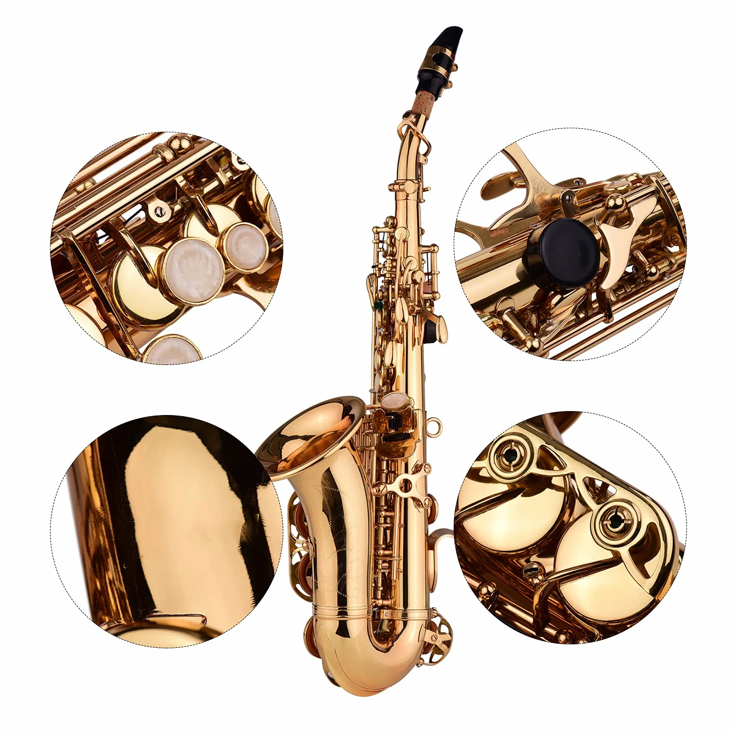 Mini-Bb-Sopransaxophon, Saxophon, Messingmaterial, Goldlack-Oberfläche, Holzblasinstrument mit Tragetasche, Handschuhe, Reinigungstuch, Bürste, Blätter, Saxophongurt,Bb Saxophon