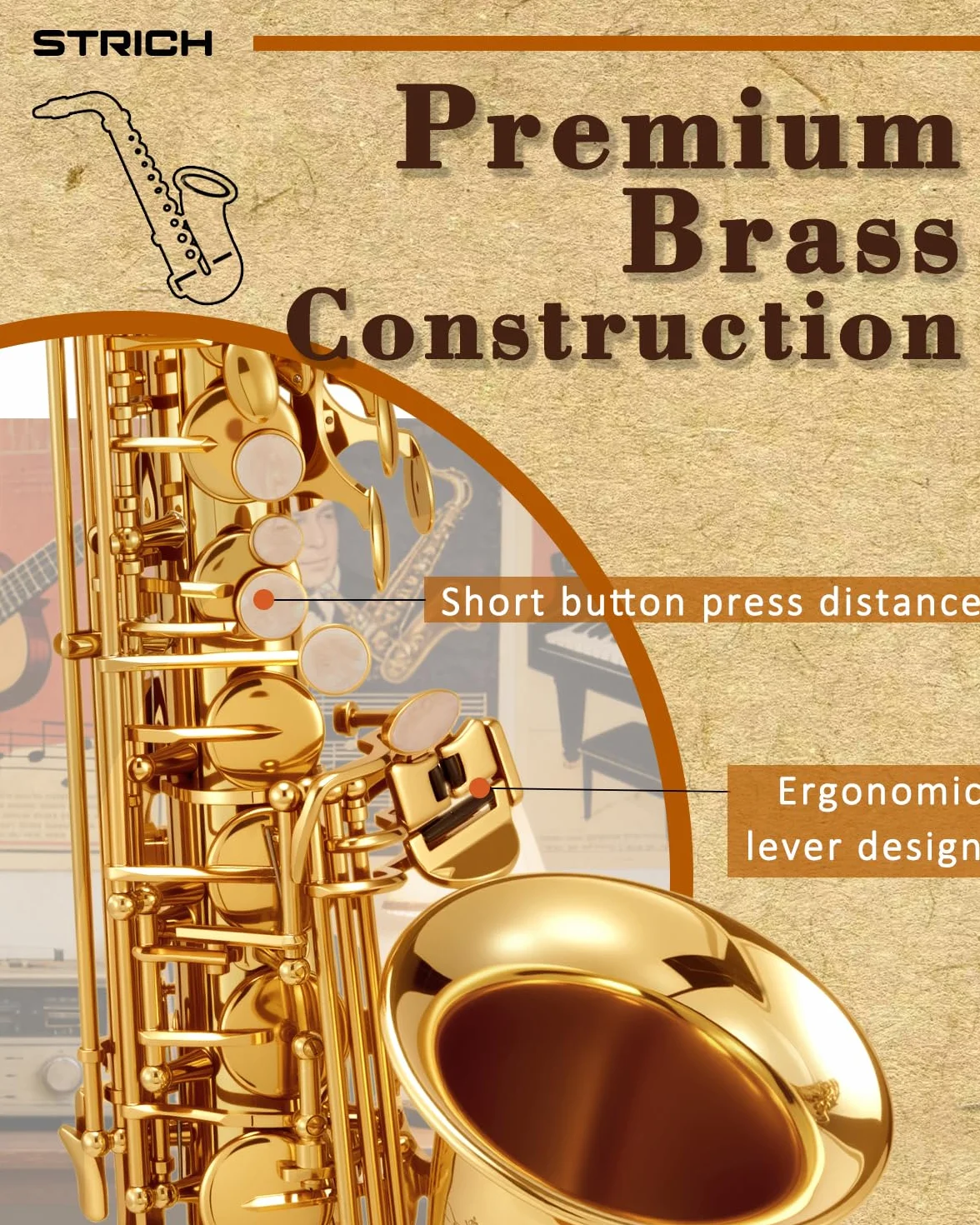 STRICH SSA-31G Eb-Altsaxophon Messing Einsteiger-Set mit Hartschalenkoffer, Ständer, Tragegurt, Mundstück und Blättern