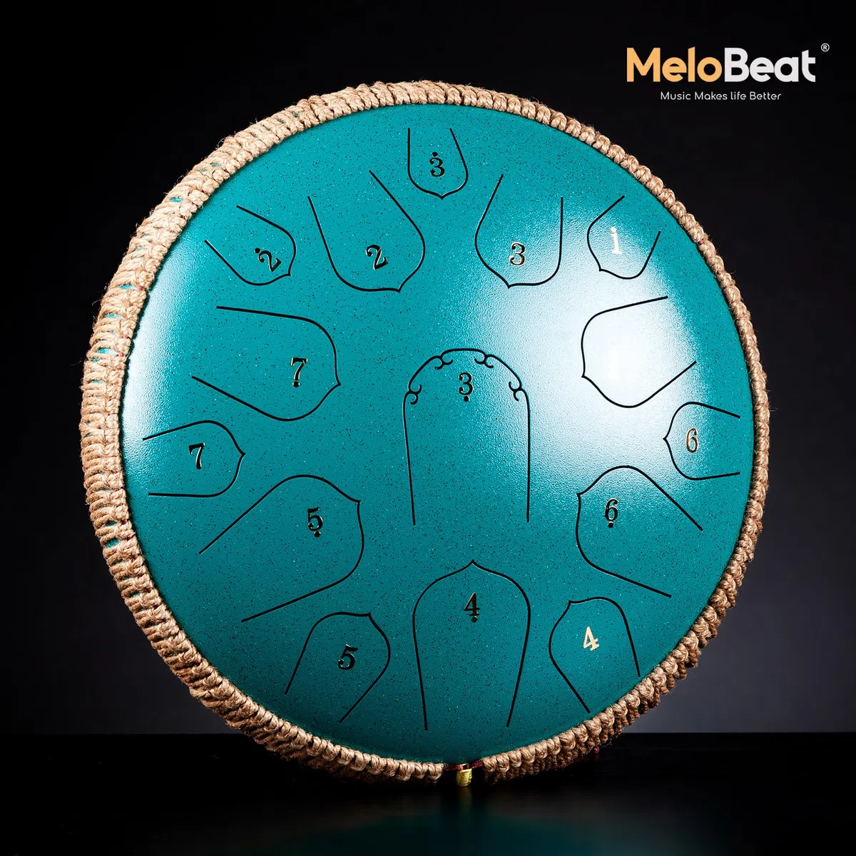 MeloBeat Zungentrommel 14 Zoll 15 Töne - Professionelles Steel Tongue Drum Handpan Set in D Dur inkl. Zungentrommel Liederbuch, Schlagzeug Sticks und Trommel Tragetasche (Grün)