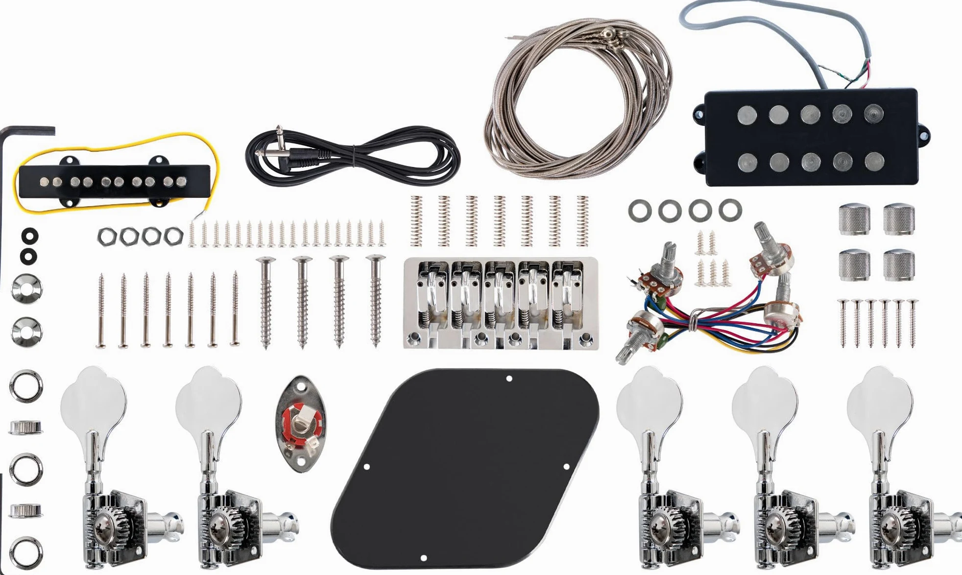 Rocktile E-Bass Bausatz JBH5-Style - DIY E-Bass-Set mit Paulownia-Korpus, Ahorn-Hals, Palisander-Griffbrett, 22 Bünde, Single Coil + Humbucker, Chrome-Mechaniken - Natur
