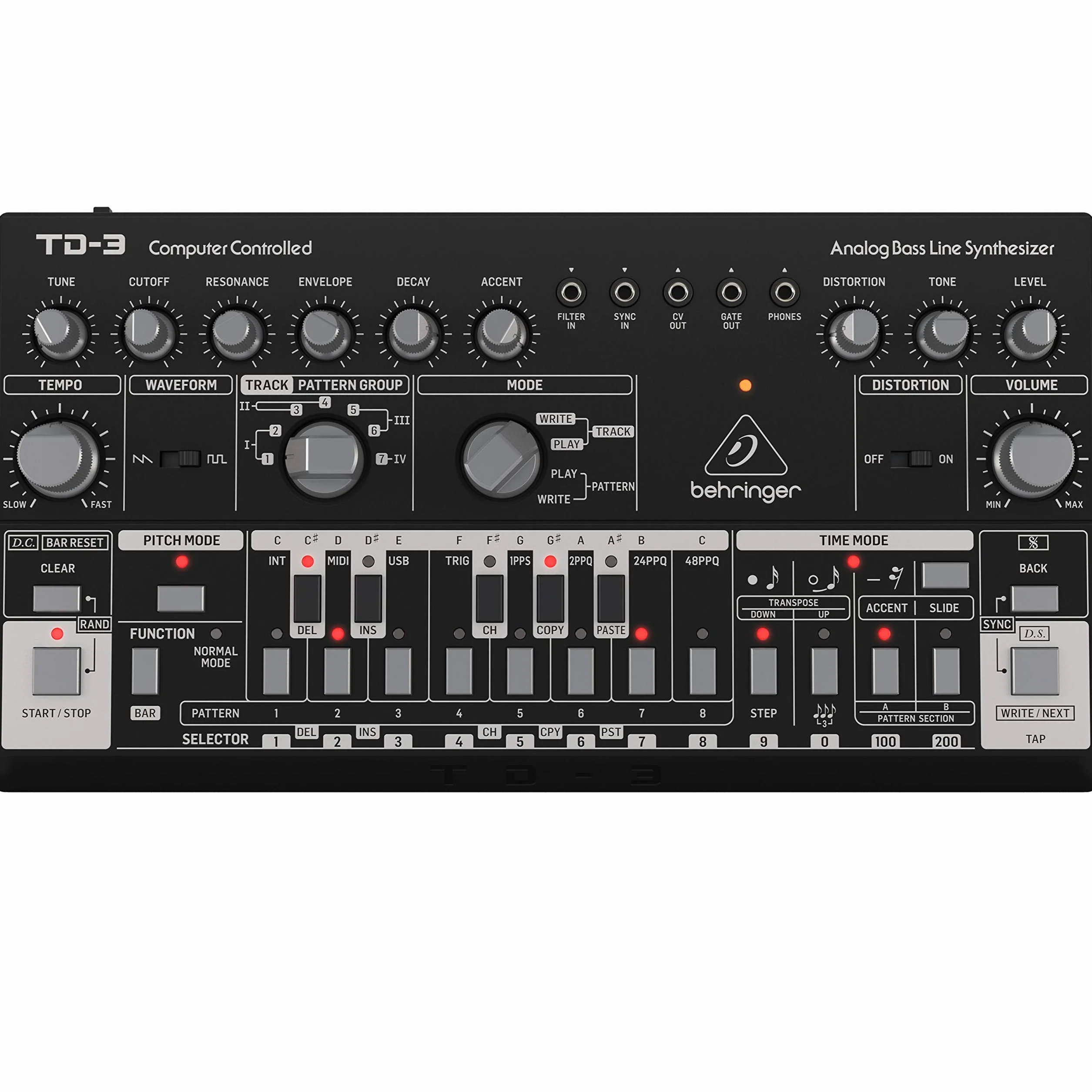 Behringer TD-3-BK Analoger Bass-Line-Synthesizer mit VCO, VCF, 16-stufigem Sequenzer, Verzerrungseffekten und 16-stimmiger Polykette