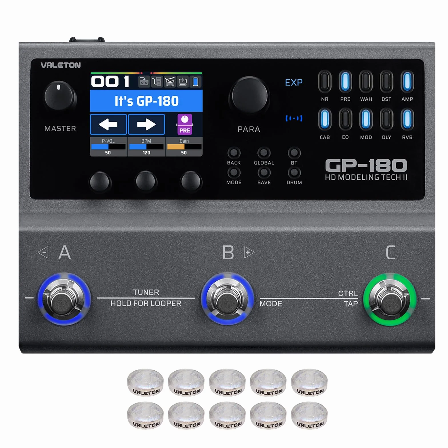 VALETON Multi-Effekt Prozessor mit HD-Modelling, 200+ Effekten, IR & NAM, Looper, Drum Machine, USB Audio Interface GP-180