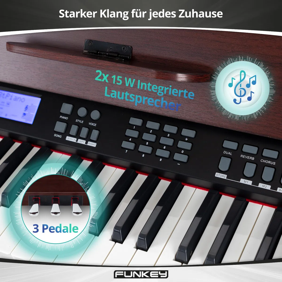 FunKey DP-88 II Digitalpiano Set (88 anschlagsdynamische Tasten, 360 Sounds, 160 Styles, MP3-Player, inkl. Keyboardbank, Kopfhörer und Klavierschule) braun