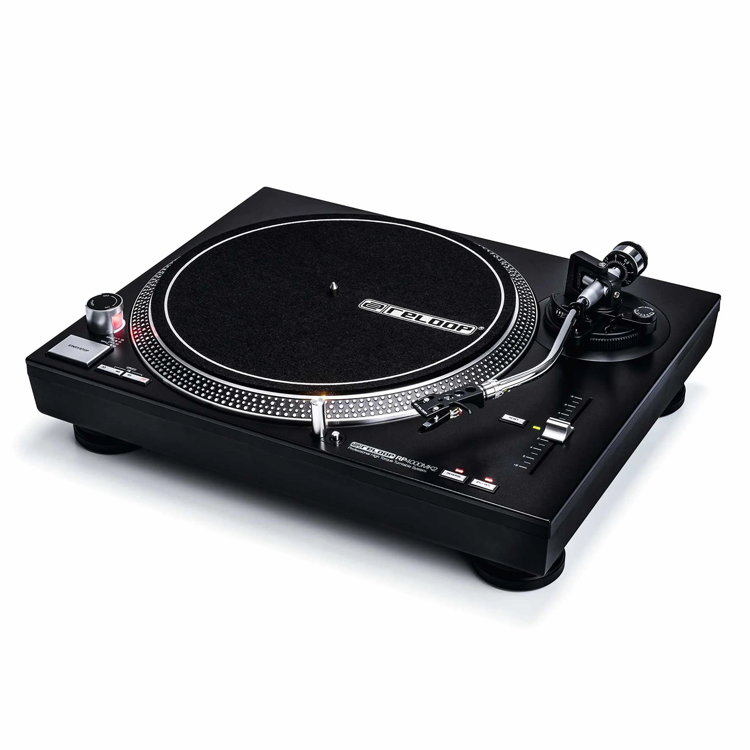 Reloop RP-4000 MK2 - DJ Plattenspieler mit starkem Torque Direktantrieb, Inkl. Plattenteller, OM Black Tonabnehmersystem, Headshell, Slipmat und Gegengewicht, schwarz