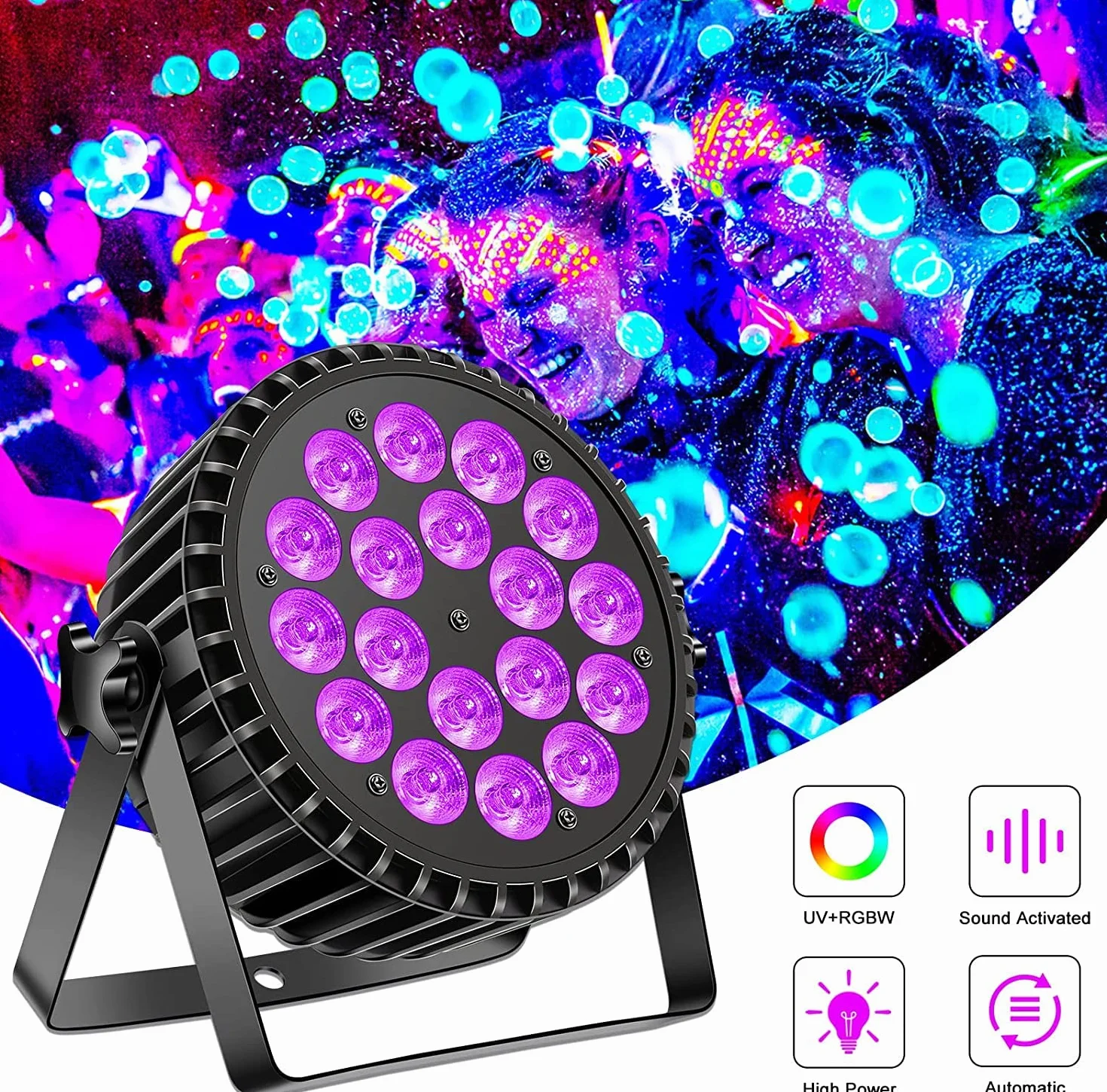 200W Par LED Scheinwerfer mit Flightcase, RGBW UV Schwarzlicht Strahler, 18 LED Bühnenlicht Partylicht DMX512 für Party, Bar, Weihnachten, Halloween, Hochzeit (5 Stücke)