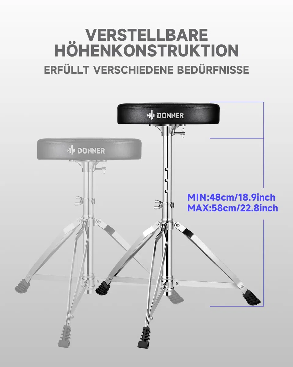 Donner Drumhocker mit Ahorn Holz Drumsticks, Schlagzeughocker Höhenverstellbar 48-58 cm für Elektronisches Schlagzeug, Drum Set, Maxi Belastung 90 kg