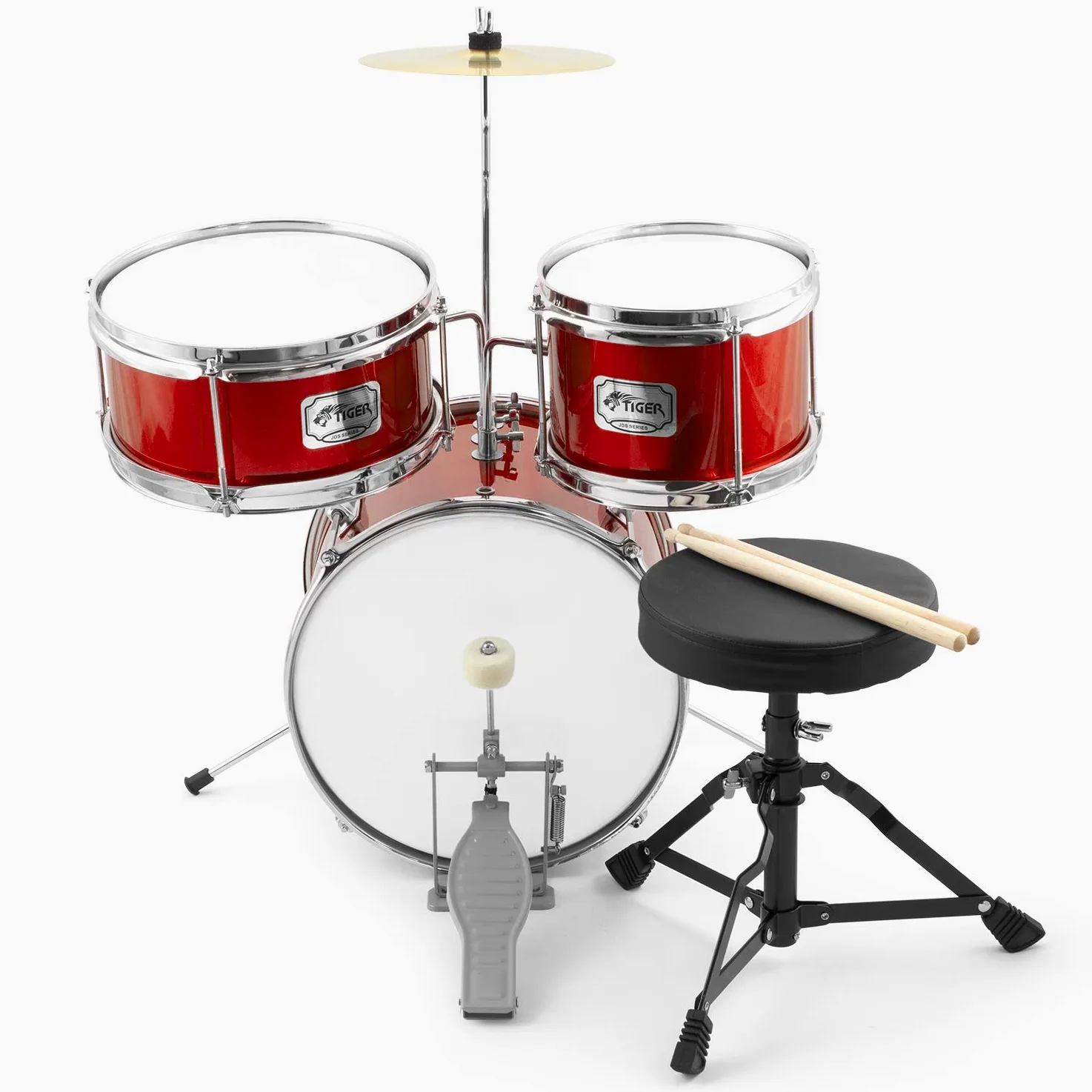 TIGER Junior Kinder-Drumkit, 3 Teile, Anfänger, Kinder-Drumset mit Snare, Tomtom, Bassdrum, Bassdrum-Pedal, Cymbal, Sitz und Sticks, - Red -