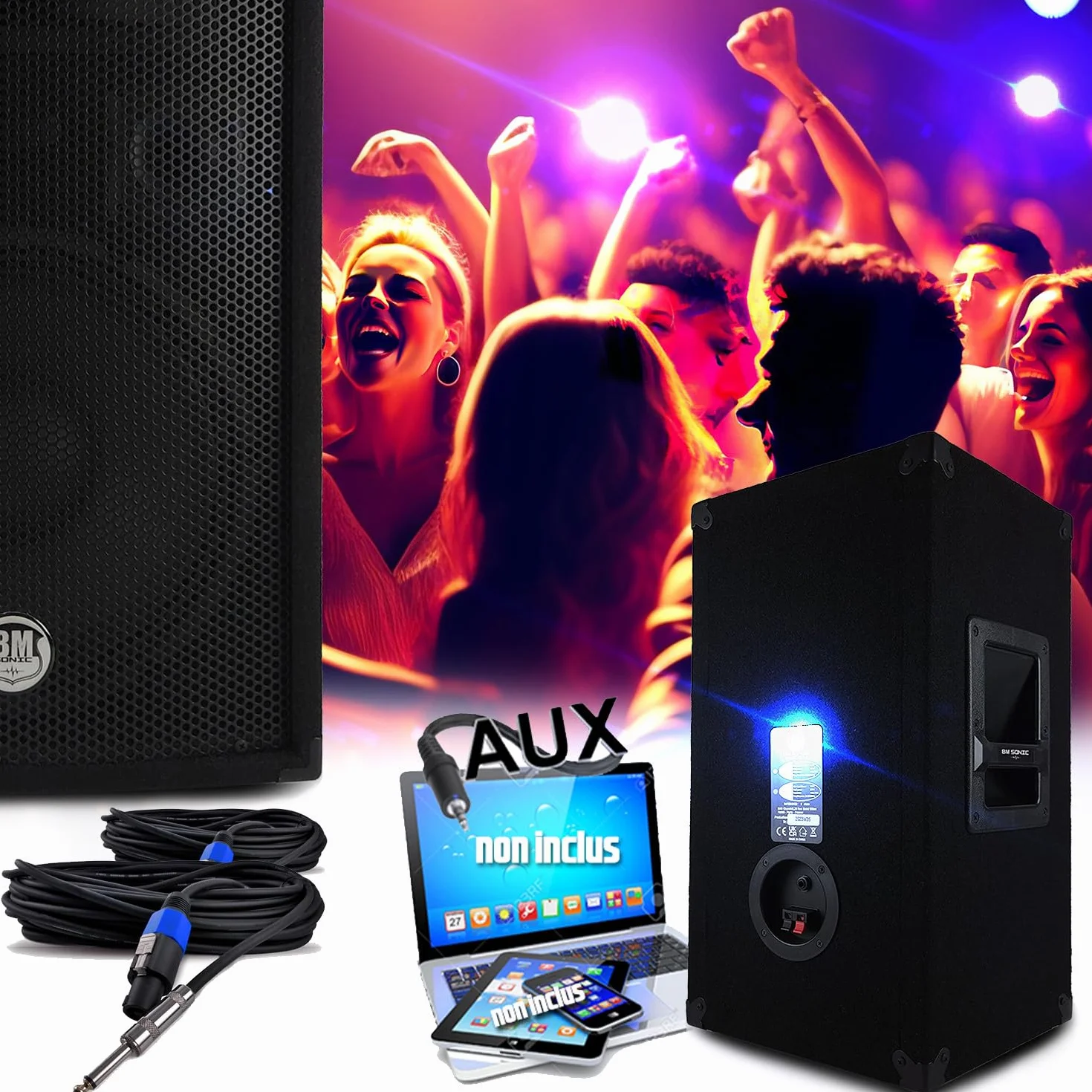Soundpaket 3200W Passiv Lautsprecher Komplettset, 2x 600W, Mischpult, 4x Xperformer + LED-UFO, Standfüße