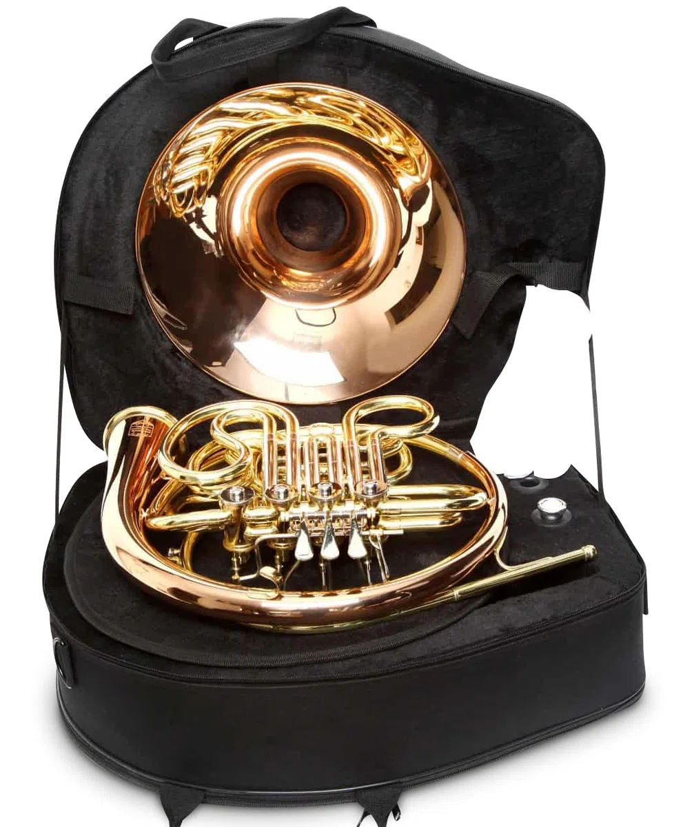 Waldhorn/Doppelhorn in Bb/F, Goldmessing inkl. Luxus-Hartschalenkoffer und Zubehör, Neu