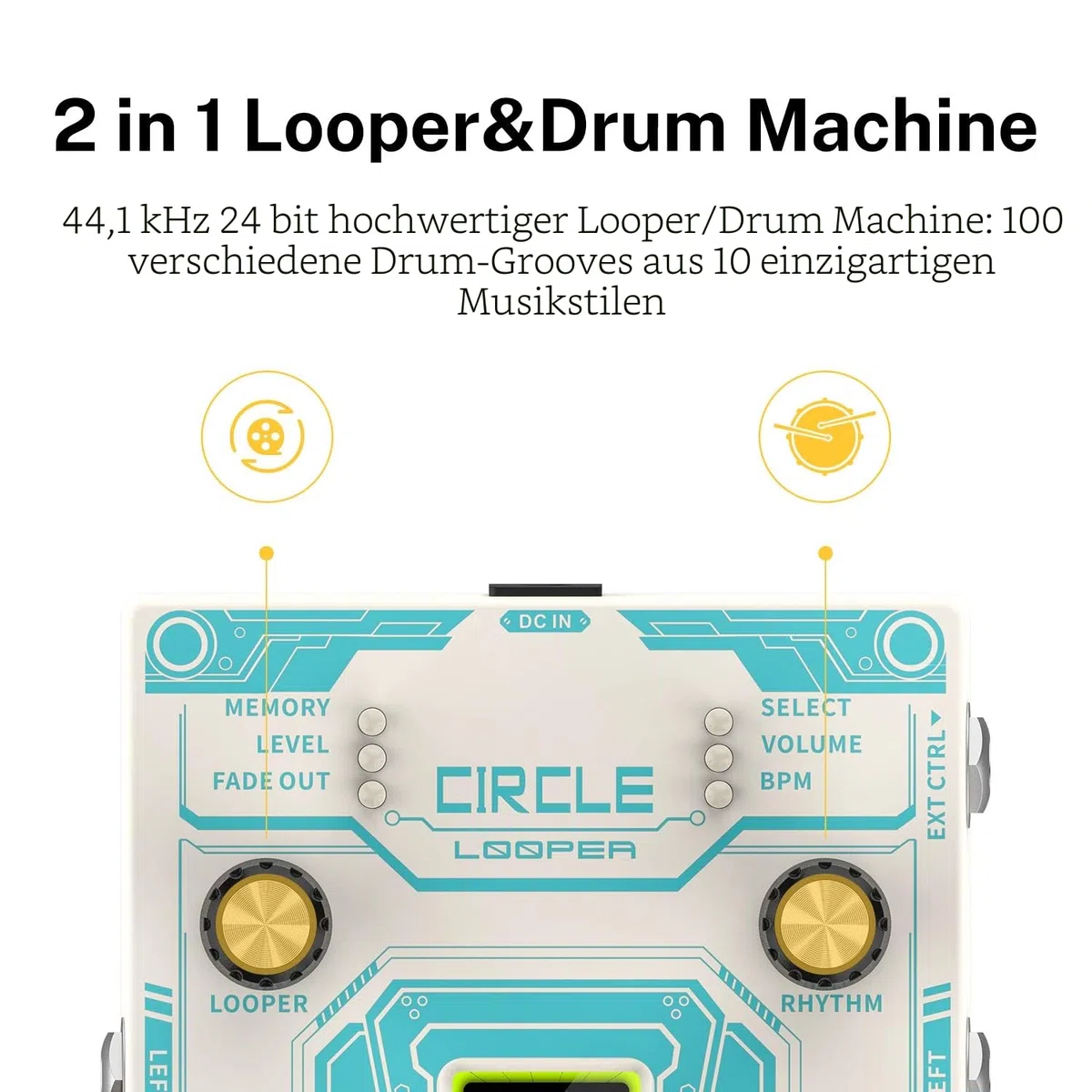 Donner Circle Looper Record Gitarren Effektpedal mit Time Progress Bar Display Loop Pedal Max. 4min Aufnahmezeit für jede Schleife, 160 Minuten Gesamtaufnahmekapazität, Unbegrenzt Overdubbing
