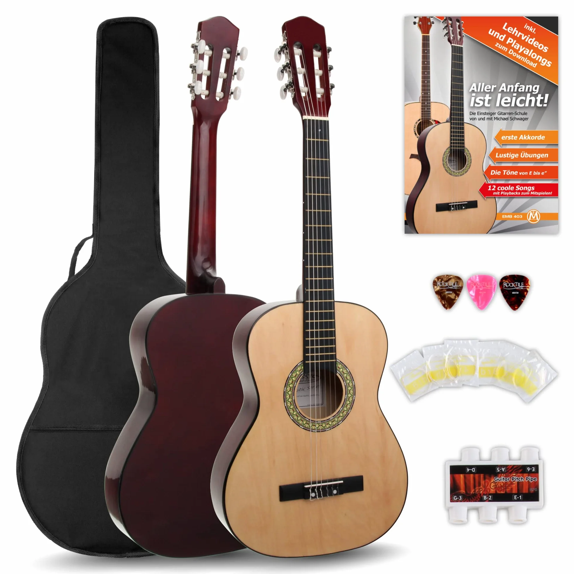 Classic Cantabile AS-851 3/4 Konzertgitarre Starter Set (Komplettes Anfänger Set mit Klassik Gitarre, Gigbag Tasche, Nylonsaiten, Lehrbuch/Schule, 3x Plektren und Stimmpfeife)