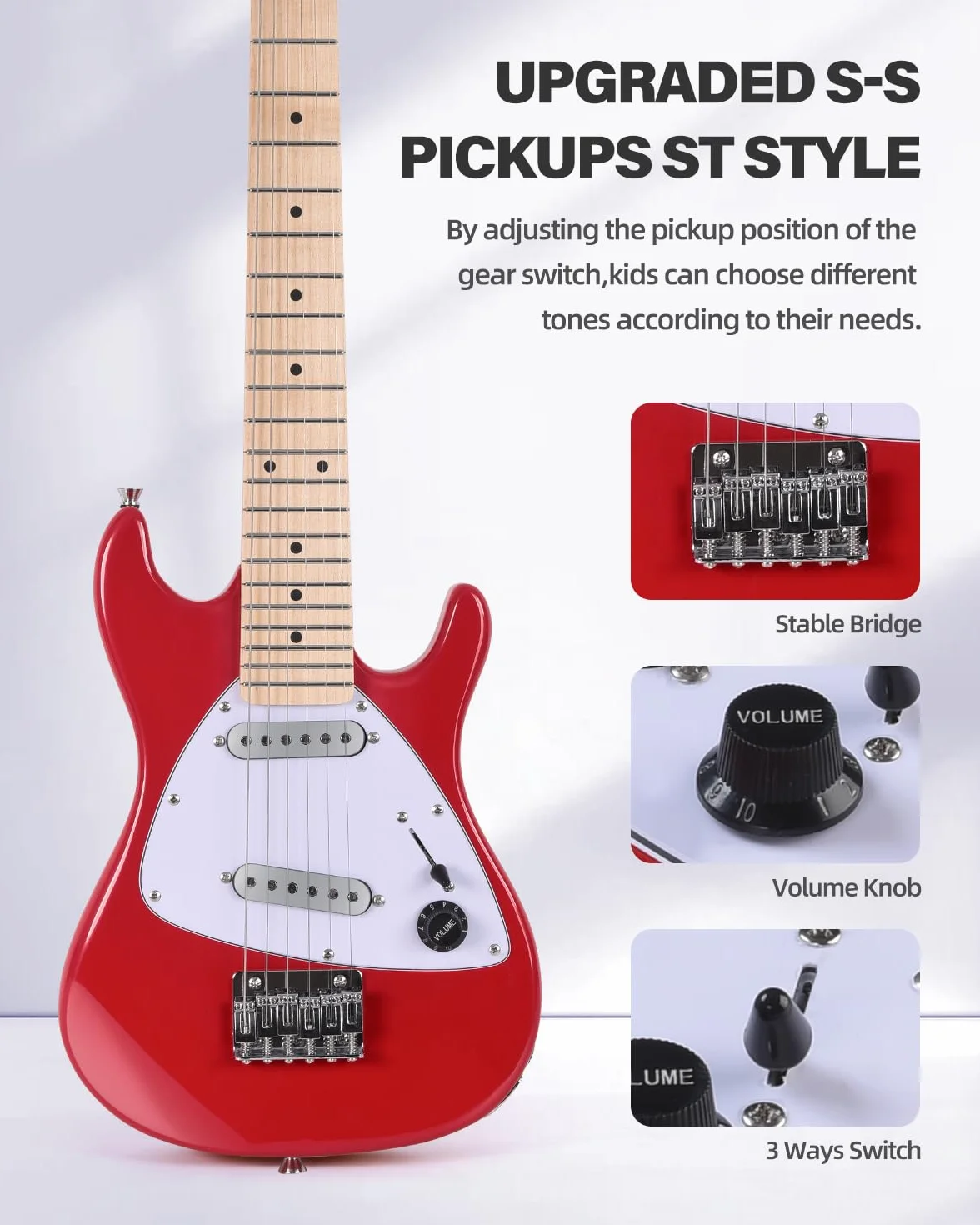 Winzz 30-Zoll-E-Gitarren-Einsteiger-Set für Kinder, Junior-E-Gitarre im Mini-Format (1/4 Größe) für Kinder, Komplettset für Einsteiger mit Verstärker, Glänzende Rote Farbe