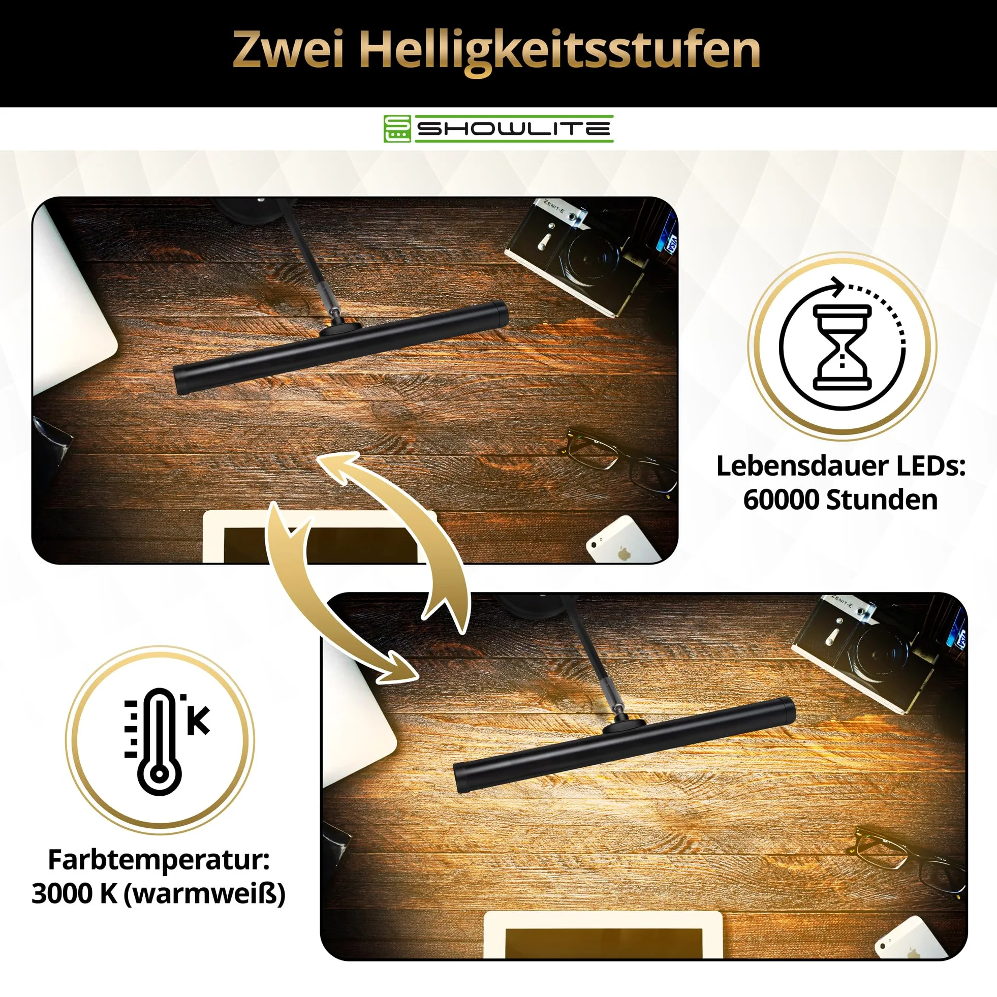Showlite PL-1-BK-KW LED Klavierleuchte - Klavierlampe 15 LEDs warmweiß 2 Stufen 36 cm USB Netzstrom Batterie schwarz