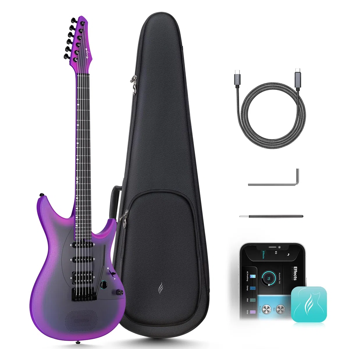 Enya Inspire Gitarre 39" Smart E-Gitarre aus Kohlefaser(Lila) | eingebauter 15W Lautsprecher/20 unterschiedlichen Klängen/integrierte Presets/Ladekabel/Zubehör
