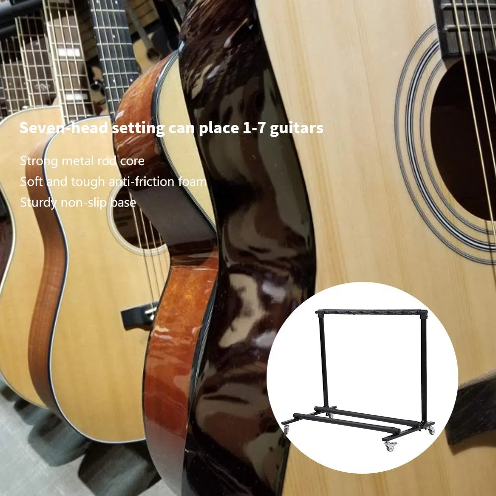 Asixxsix Mehrere Gitarrenständer, Tragbarer Instrumentenständer mit Drehbaren Rädern und Rutschfester Basis für Akustikgitarren, E-Gitarren und Bässe (FL-17L 7 Köpfe)
