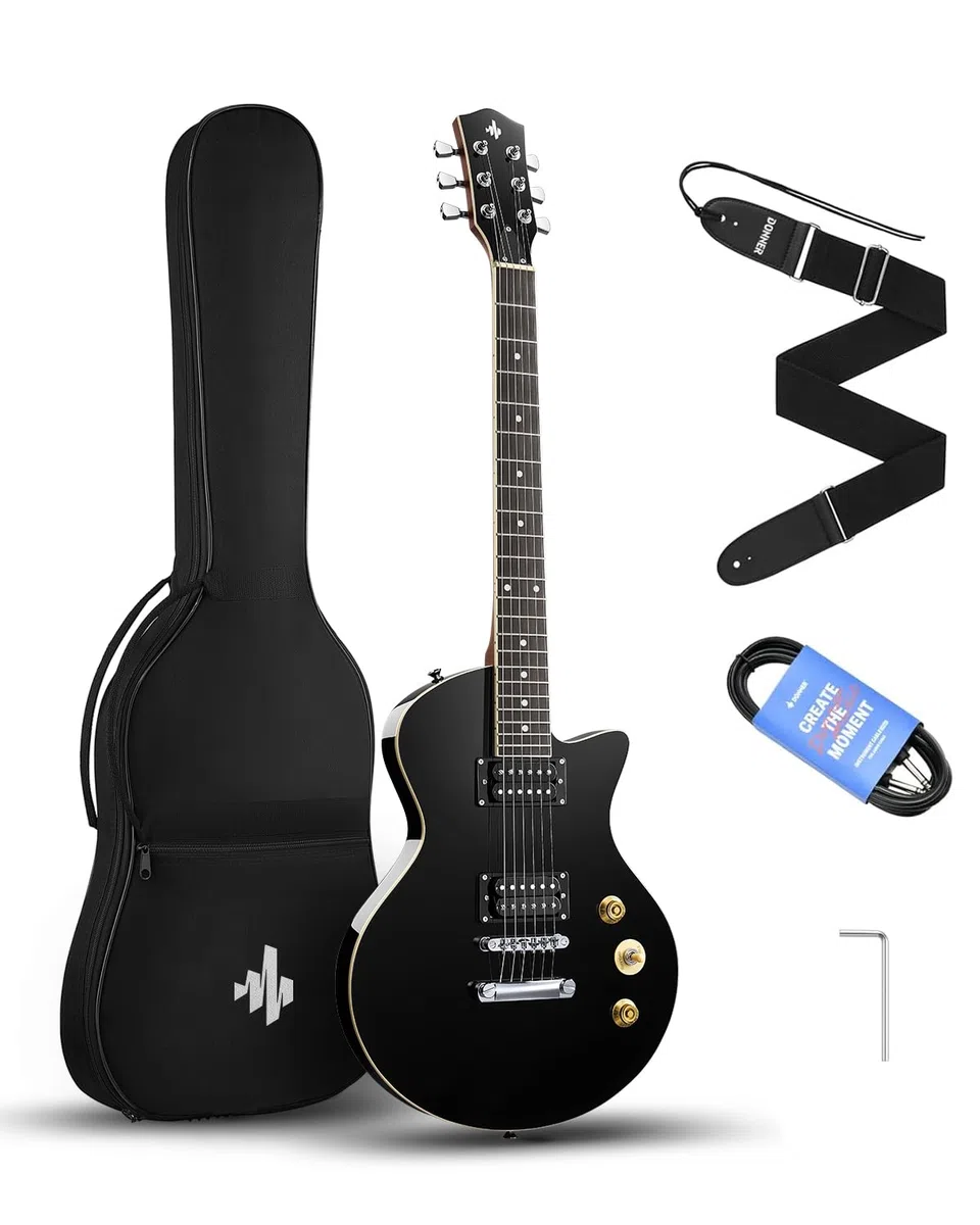 Donner DSC-128 E-Gitarren-Anfängerset 39" Schwarz – Volle Größe, massiver Erlenkorpus, H-H-Tonabnehmer, C-förmiger Hals, inkl. Gigbag, ideal für High-Gain Rock
