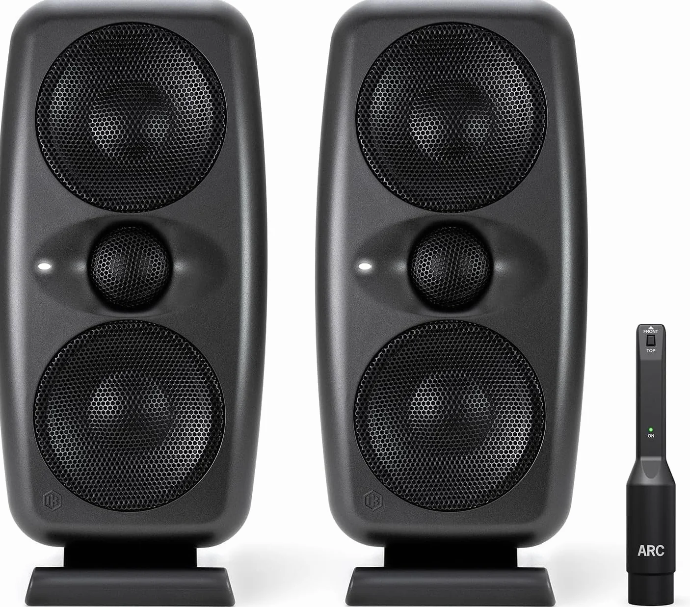 IK Multimedia iLoud MTM MKII - Pair of new generation compact hi-end studio monitors with built-in ARC room correction, speaker emulation, 100W power. Includes ARC calibration microphone. Black.