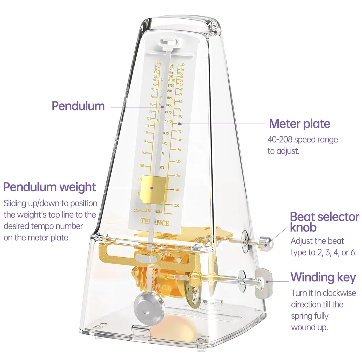 TERENCE Mechanisches Metronom für Gitarre Bass Klavier Violine mit hoher Präzision Traditionelle Pyramide Transparent