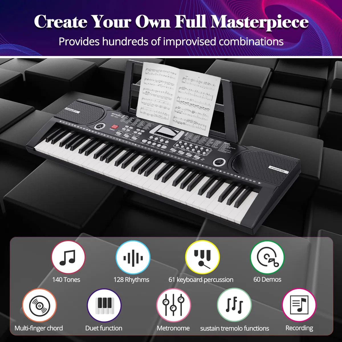 Digital Piano Klavier 61 Tasten Elektronisches Keyboard Musikinstrument mit Lautsprechern und Unterrichtsmodi