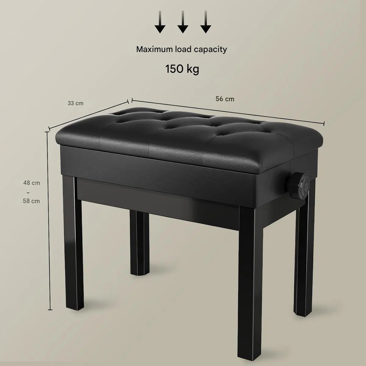 MAMIZO Klavierhocker Höhenverstellbar 48-58CM, Pianobank mit Stauraum, Klavierbank PU Lederkissen, Massivholz, bis 150KG, Schwarz