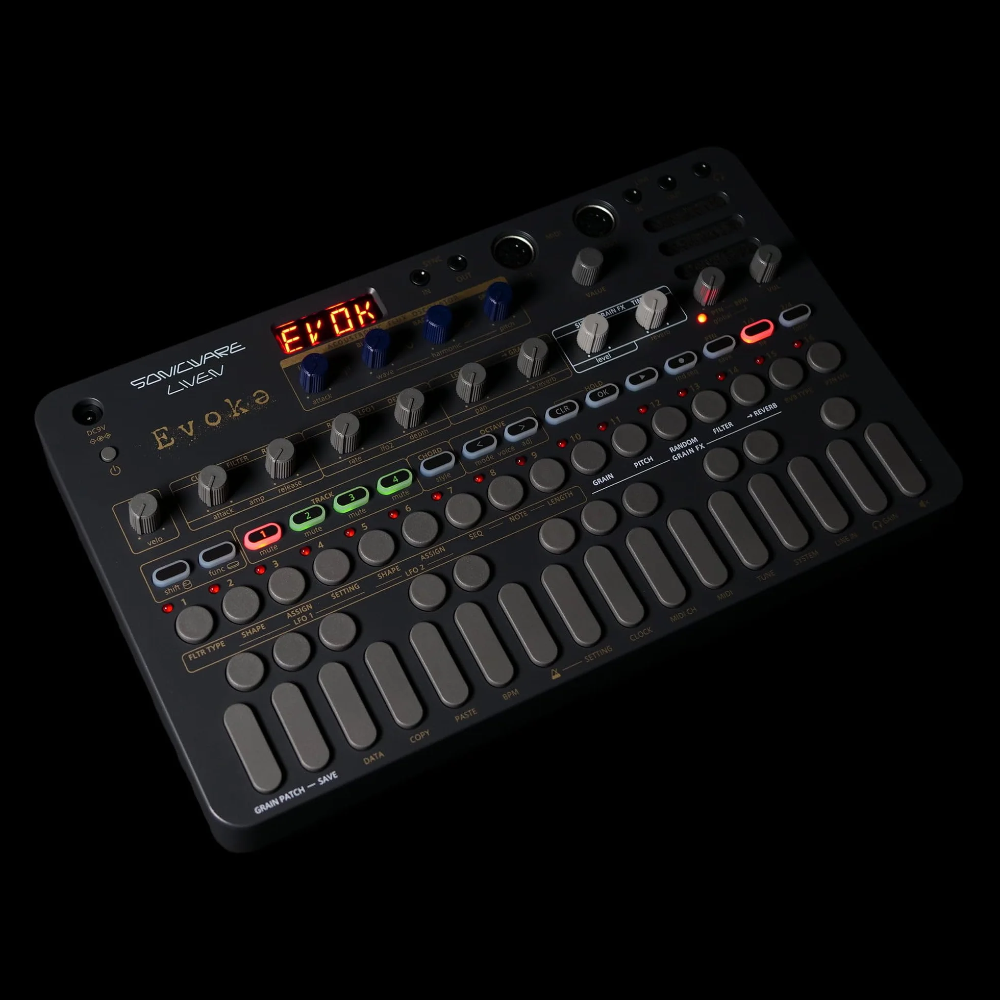 Sonicware LIVEN Evoke Acoustronic Ambient Synthesizer 34 Instrumente Granular Grain FX Flux Oscillator 10 Reverbs 6 Effekte 4-Spur-Sequencer Chord Arpeggiator