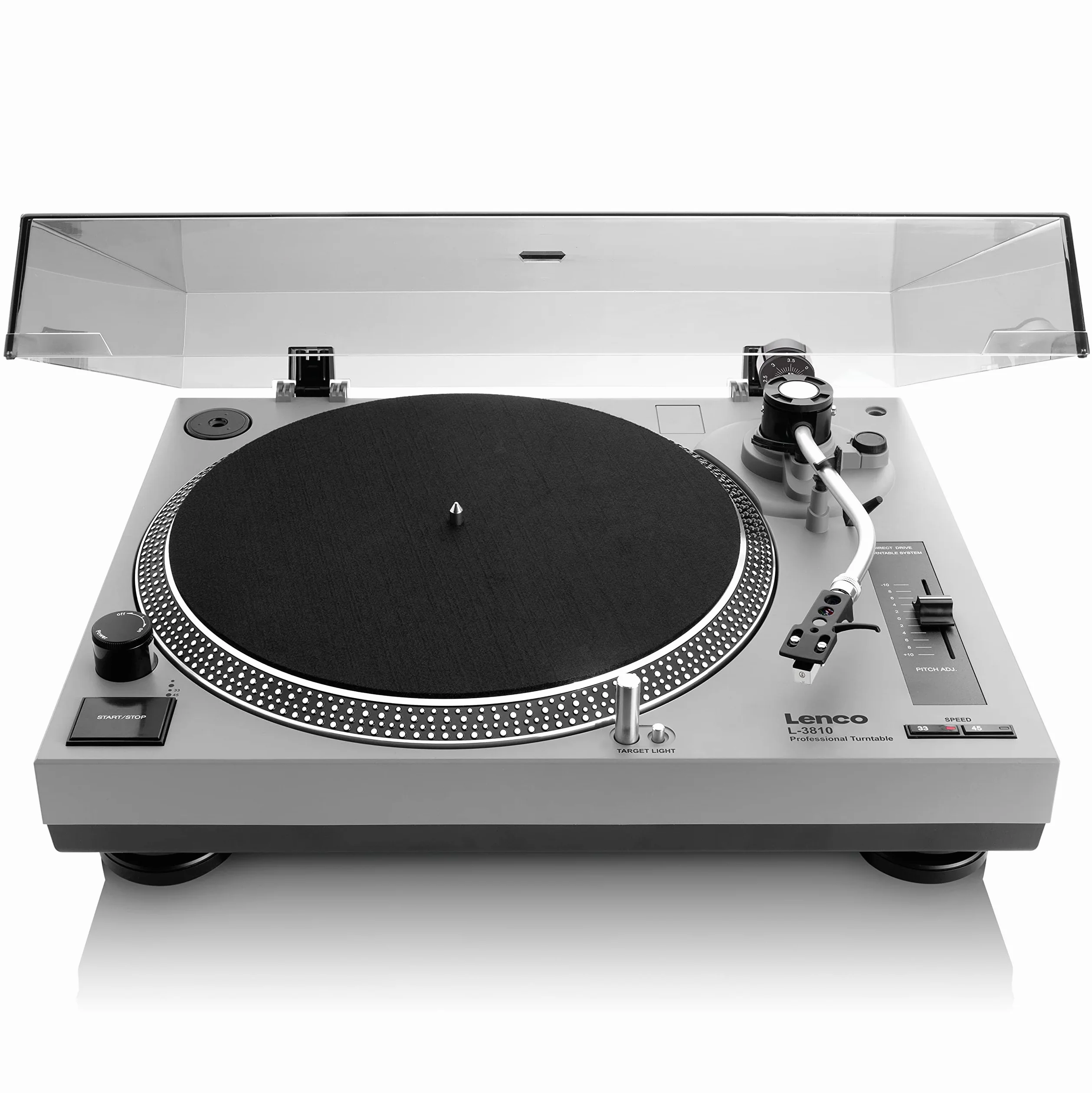 Lenco L-3810GY - Plattenspieler - Schallplattenspieler - Vinyl Player | L-3810 - 33/45 U/min - Pitch-Control - Magnet-Tonabnehmer-System - Nadelbeleuchtung - Pitch-Control