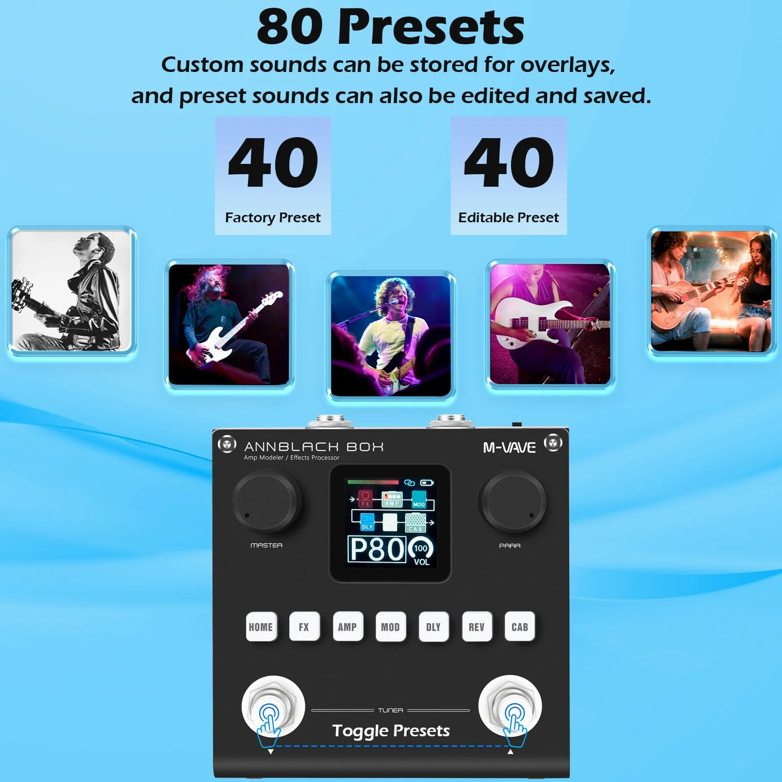 M-VAVE ANN Black Pedal Box Multi Effects Gitarren-Basispedal – 80 editierbare Voreinstellungen mit App, erstellen Sie Ihre Paremeter, eingebauter Akku