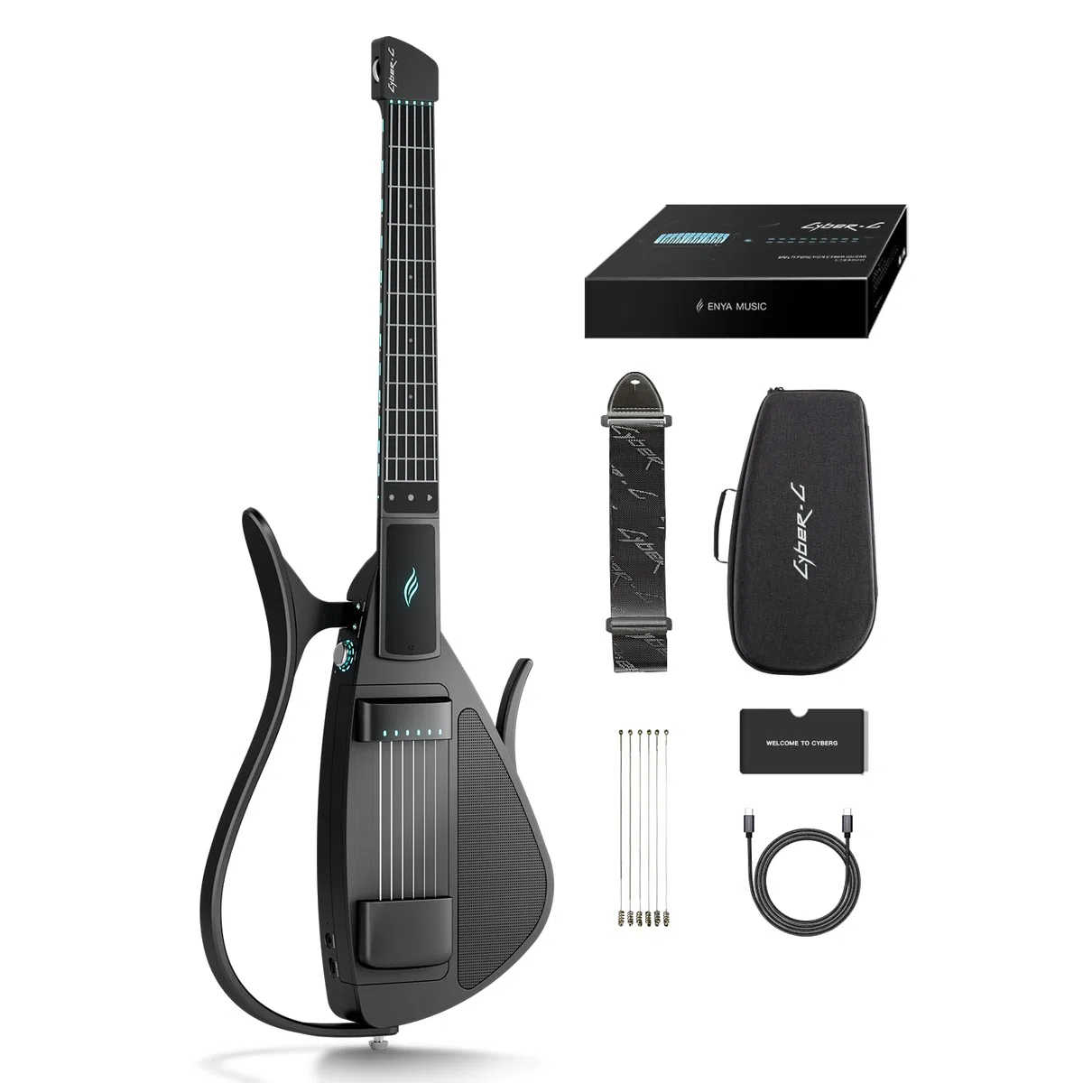 Enya CYBER-G Smart Gitarre – mit Silikonsaiten, 24 integrierten Sounds, schwarze leise Reise Anfänger Gitarre mit Lautsprecher, Drum-System, App & interaktiven Akkorden für Erwachsene & Teenager