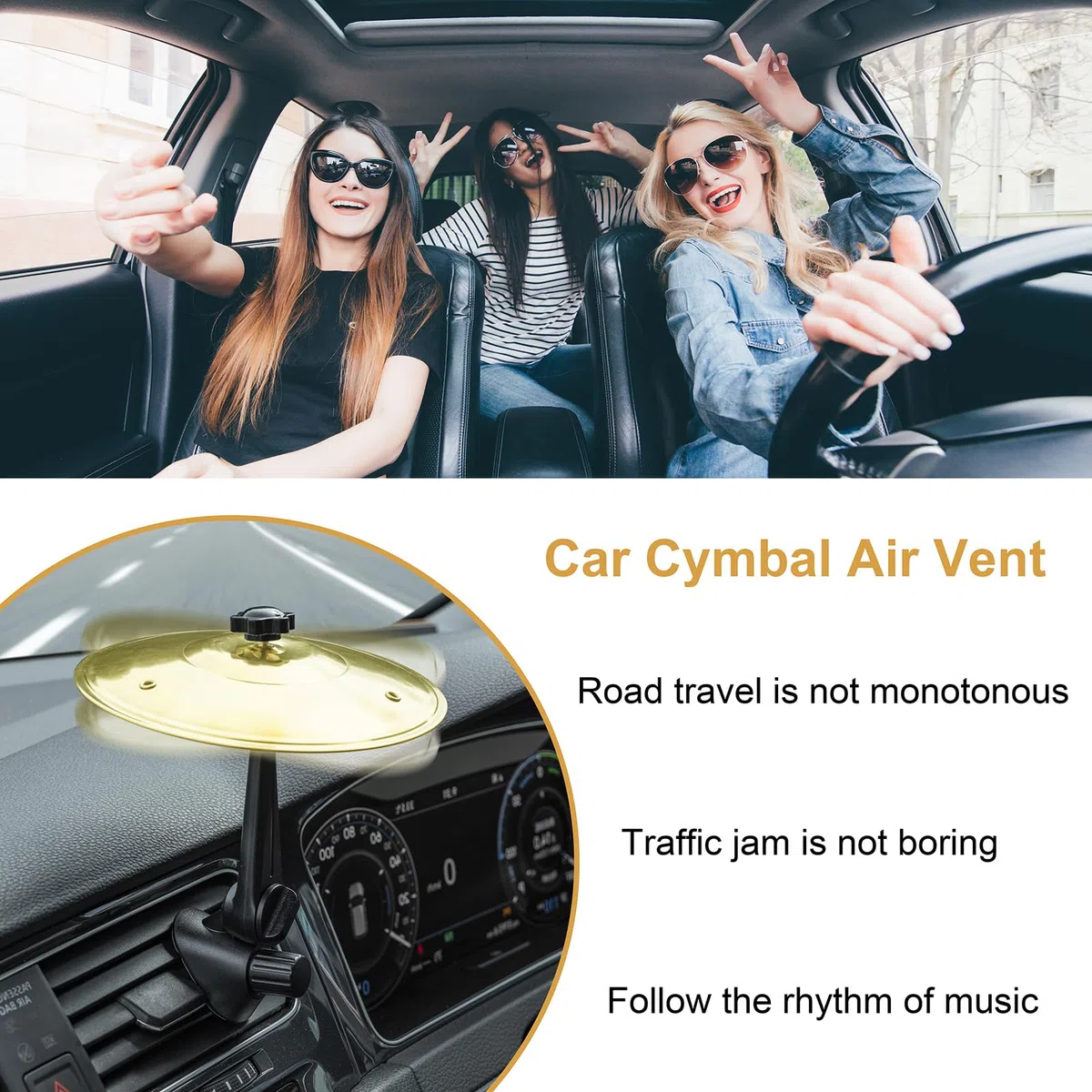 Mini-Auto-Trommel-Becken für Auto-Lüftungsschlitz (Gold) – Crash-Becken Armaturenbrett Ornament Zubehör für Musiker, Schlagzeuger, Musikliebhaber – lustiges Auto-Innen-Geschenk für Männer, Frauen