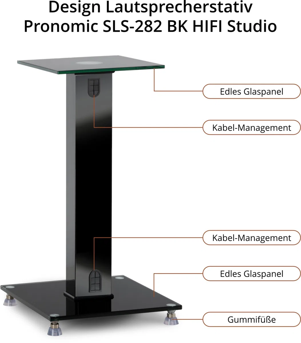 Pronomic SLS-282 BK Lautsprecher Stative Paar - Stilvolles Design mit 2 Glasplatten - Höhenverstellbare Spikes Plus Gummifüße - Verdeckte Kabelführung auf der Rückseite - 10 kg Tragfähigkeit