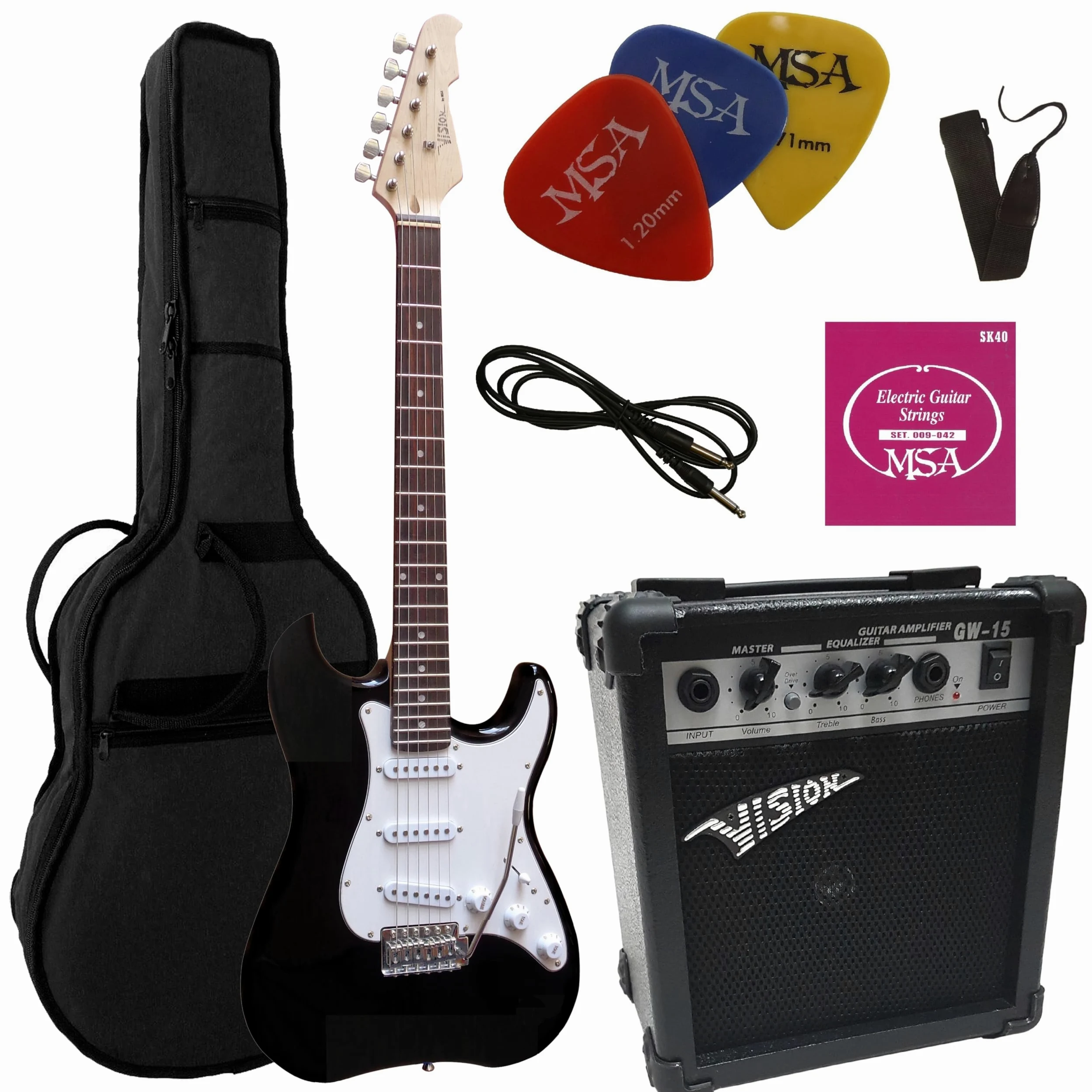 ELEKTROGITARRE SCHWARZ - E-GITARRE - IM SET MIT 20WATT VERSTÄRKER - TASCHE - BAND - SAITEN - 3xPIK ST5 BLACK