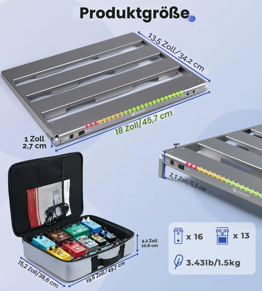 Vangoa Pedalboard mit Integriertem Netzteil,Aluminiumlegierung einteilig gebogene tragbare faltbare powered Guitar Pedal Board mit Premium-Rucksack, Medium, 45.72 * 34.29cm, 1.54kg, grau