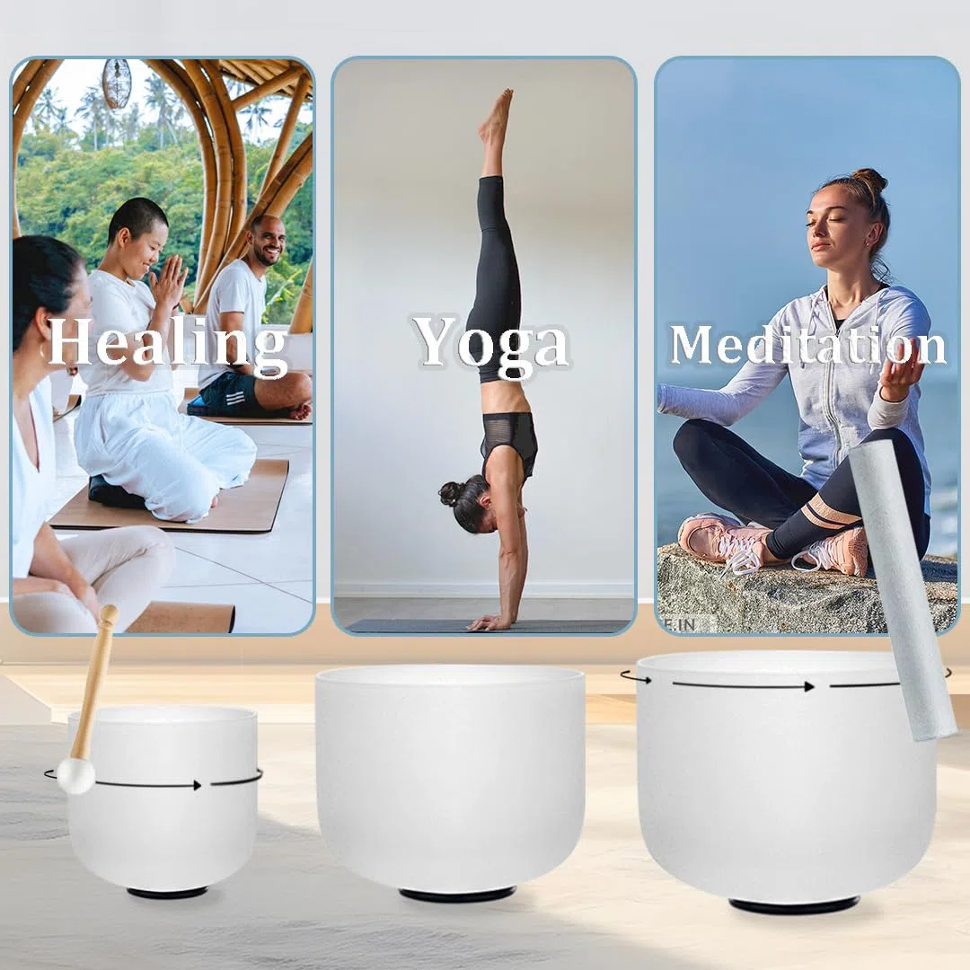 KVKA Kristall-Klangschalen, 8"A+10"F+12"C 432Hz Weiß Chakra Sound Healing Klangschalen für Yoga, Energieheilung & Tiefenentspannung mit Tragetasche