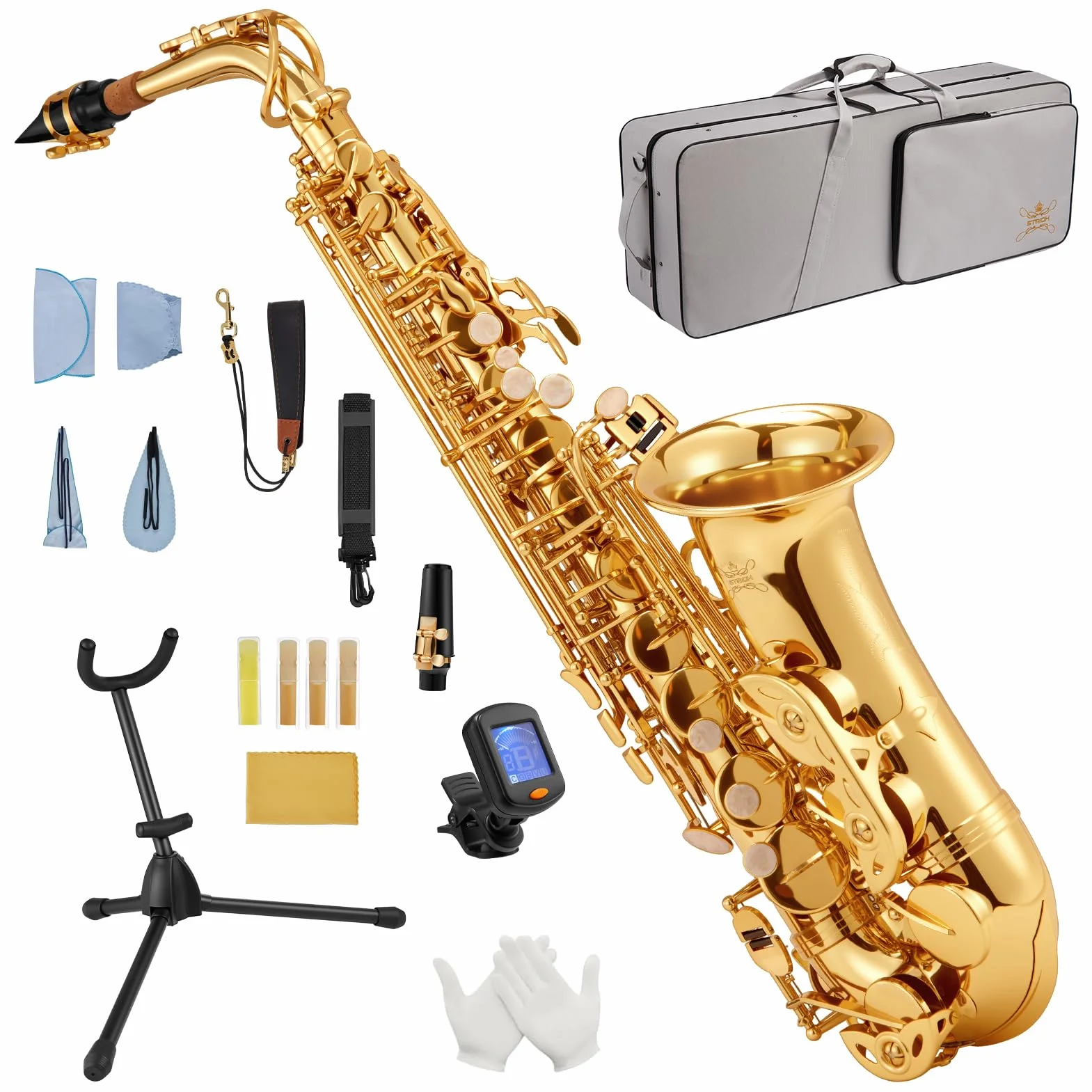 STRICH SSA-31G Eb-Altsaxophon Messing Einsteiger-Set mit Hartschalenkoffer, Ständer, Tragegurt, Mundstück und Blättern