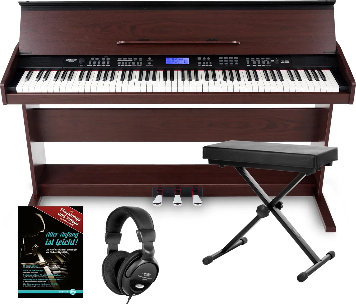 FunKey DP-88 II Digitalpiano Set (88 anschlagsdynamische Tasten, 360 Sounds, 160 Styles, MP3-Player, inkl. Keyboardbank, Kopfhörer und Klavierschule) braun