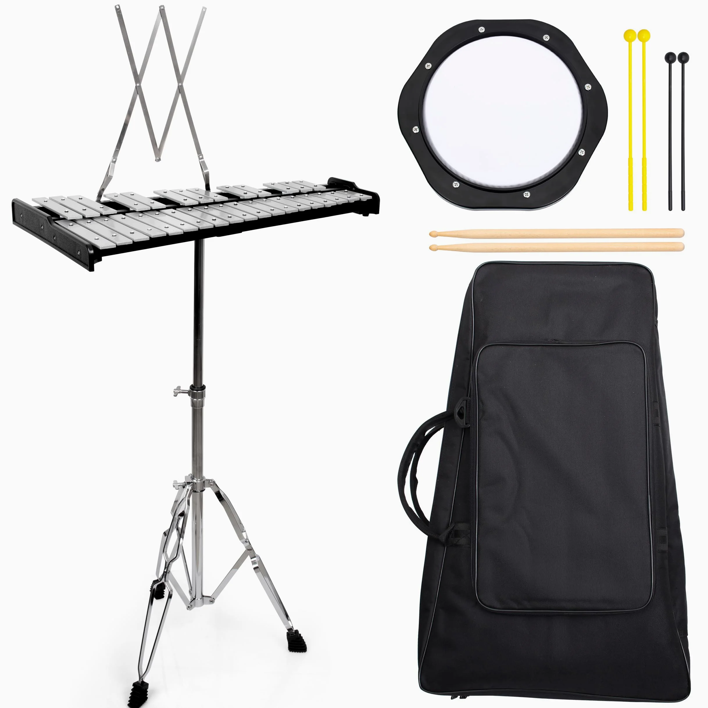 Glockenspiel 32 Tönen Xylophon Handpercussion Holzrahmen Aluminium Xylophone Percussion Kit Glockenspiel Set mit Höhenverstellbarem Ständer, Gedämpftes Übungspad, 3 Paar Schlägel, Tragetasche