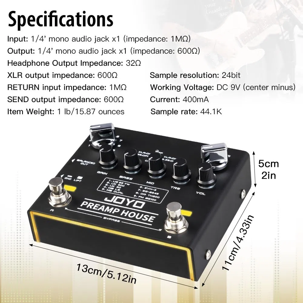 JOYO Cabinet Simulator Pedal Dual Channel mit Clean und Distortion für E-Gitarre (Preamp House R-15)