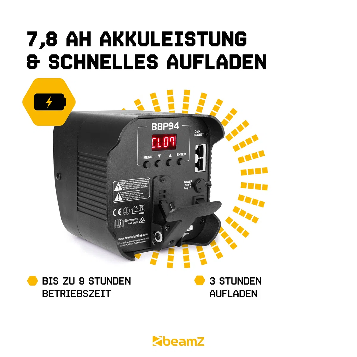 BeamZ BBP94W Uplight LED Par Strahler, 2er Set - 4x 12 Watt, bis zu 9h Akku, Bühnenbeleuchtung für DJ Pult, Bühnenlicht, DMX-WLAN, Partylicht Musikgesteuert, Bühnenequipment, Fernbedienung