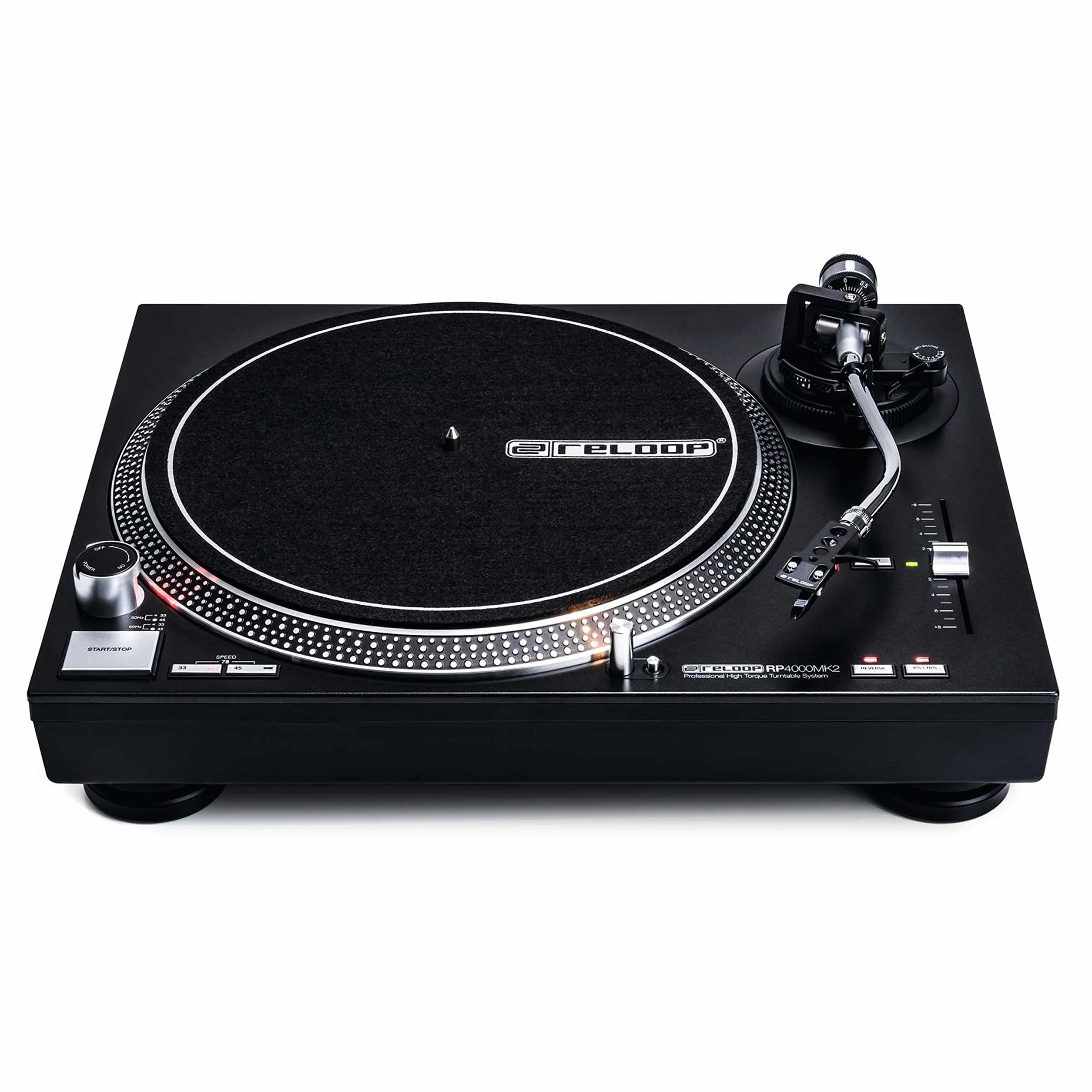 Reloop RP-4000 MK2 - DJ Plattenspieler mit starkem Torque Direktantrieb, Inkl. Plattenteller, OM Black Tonabnehmersystem, Headshell, Slipmat und Gegengewicht, schwarz