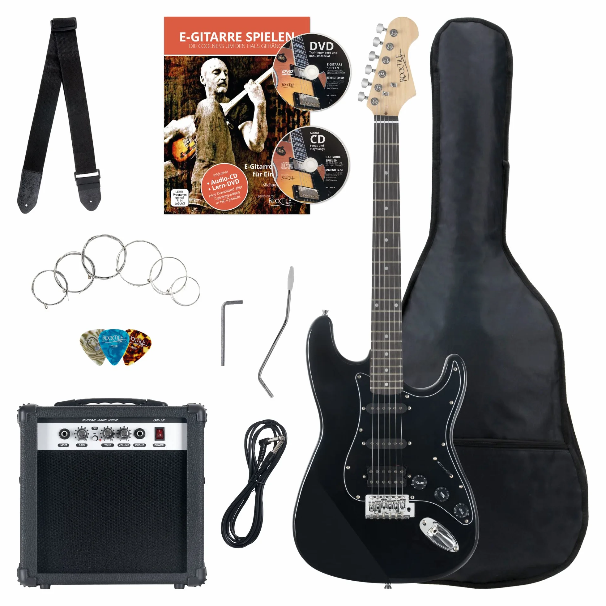 Rocktile Banger's Power Pack Komplettset E-Gitarre mit Single Coil und Humbucker Pickups Schwarz (Verstärker, Tasche, Kabel, Gurt, Plecs, Tremolo, Ersatzsaiten und Schule mit CD/DVD)