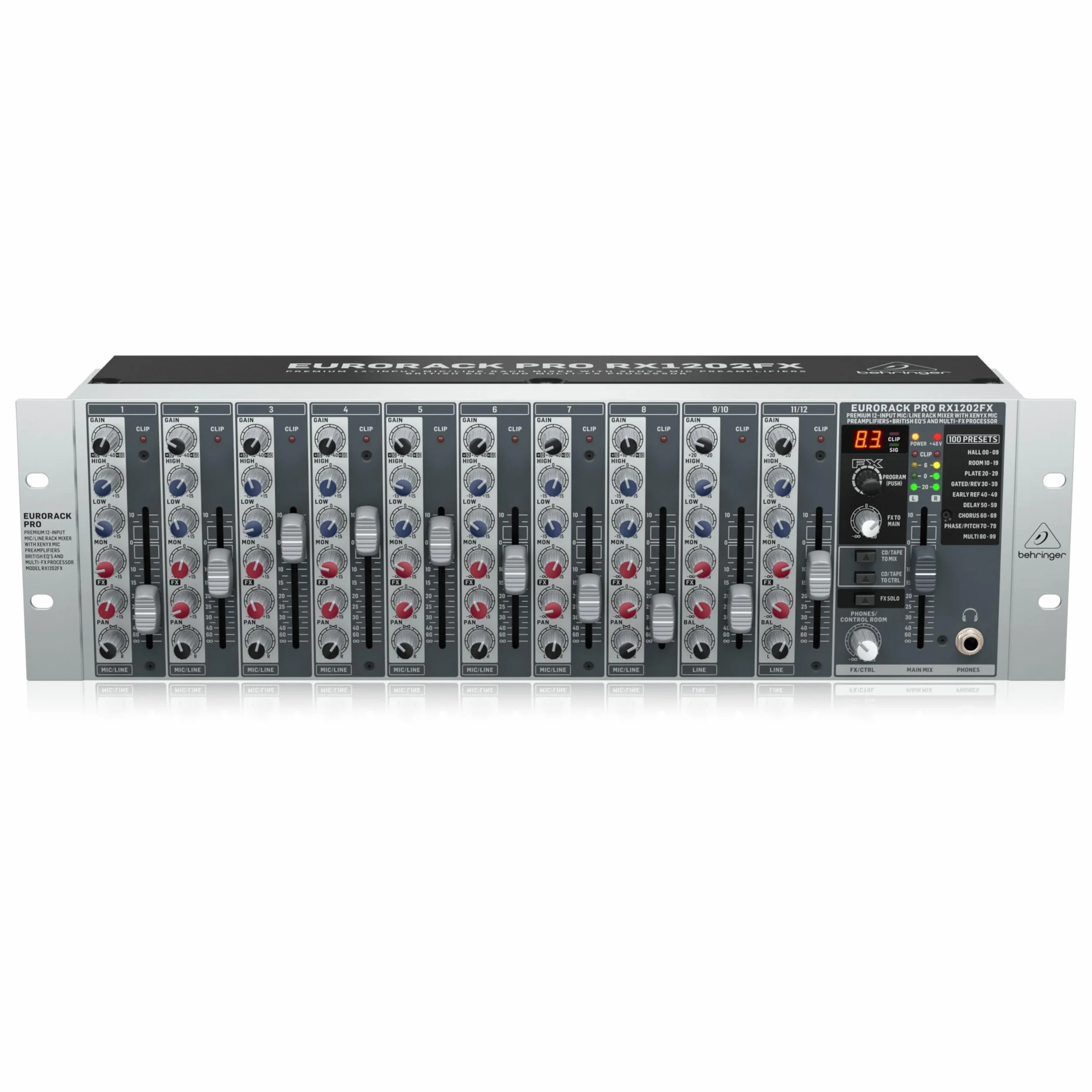 Behringer RX1202FX V2 Premium 12-Eingangs-Mikrofon/Line-Rack-Mixer mit XENYX-Mikrofonvorverstärkern, britischen EQs und Multi-FX-Prozessor