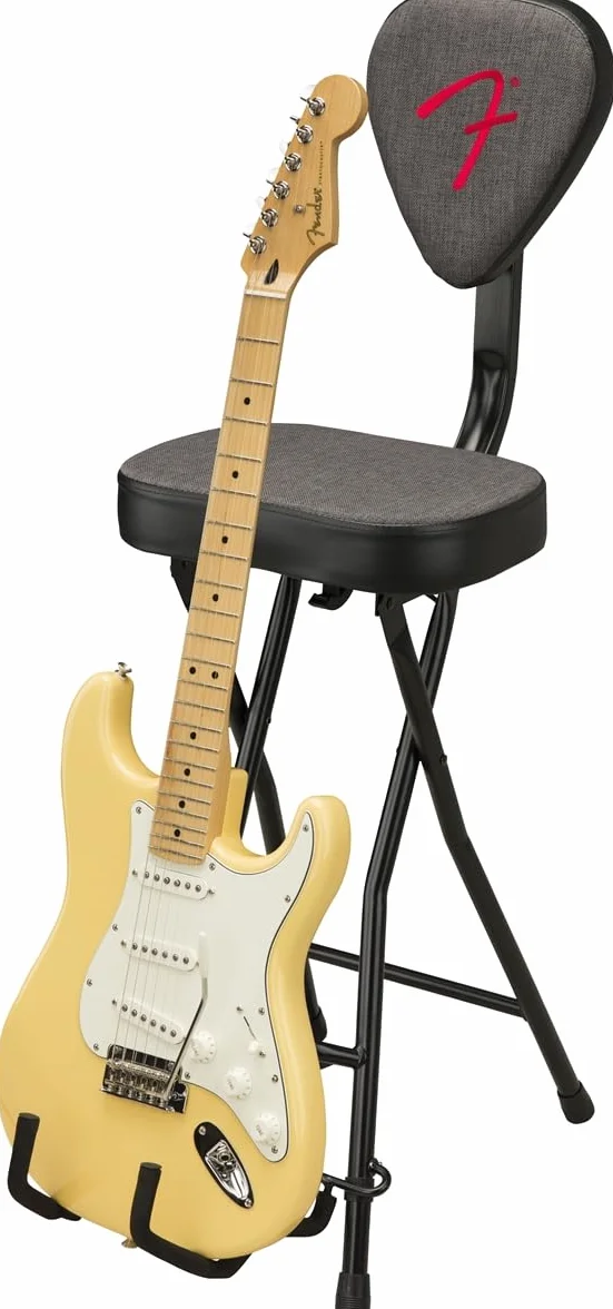 Fender 351 Sitz- und Gitarrenständer-Kombination, Zusammenklappbares Design, Abnehmbare Rückenlehne, Grauer Tweed-Stoff, rutschfeste Füße