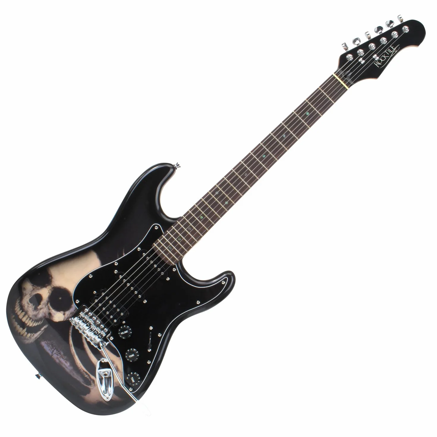Rocktile Pro ST60-SKULL E-Gitarre Skull Design (1 Humbucker, 2 Single Coils, 22 Bünde, Rosenholz Griffbrett, Lindenholz Korpus, Ahorn Hals)